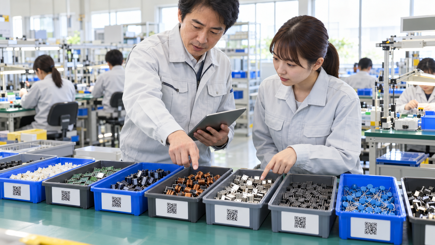 日本の電子部品組立現場の作業台に、異なる小型電子部品を収めた複数の作業箱が並んでいる。各箱の側面にQRコード付きラベルがあり、管理者と作業員が箱を指しながら作業の割り当てを確認している。実在企業ロゴ、社名、部品番号、氏名、読める文字なし、横長16対9の自然な写真品質。