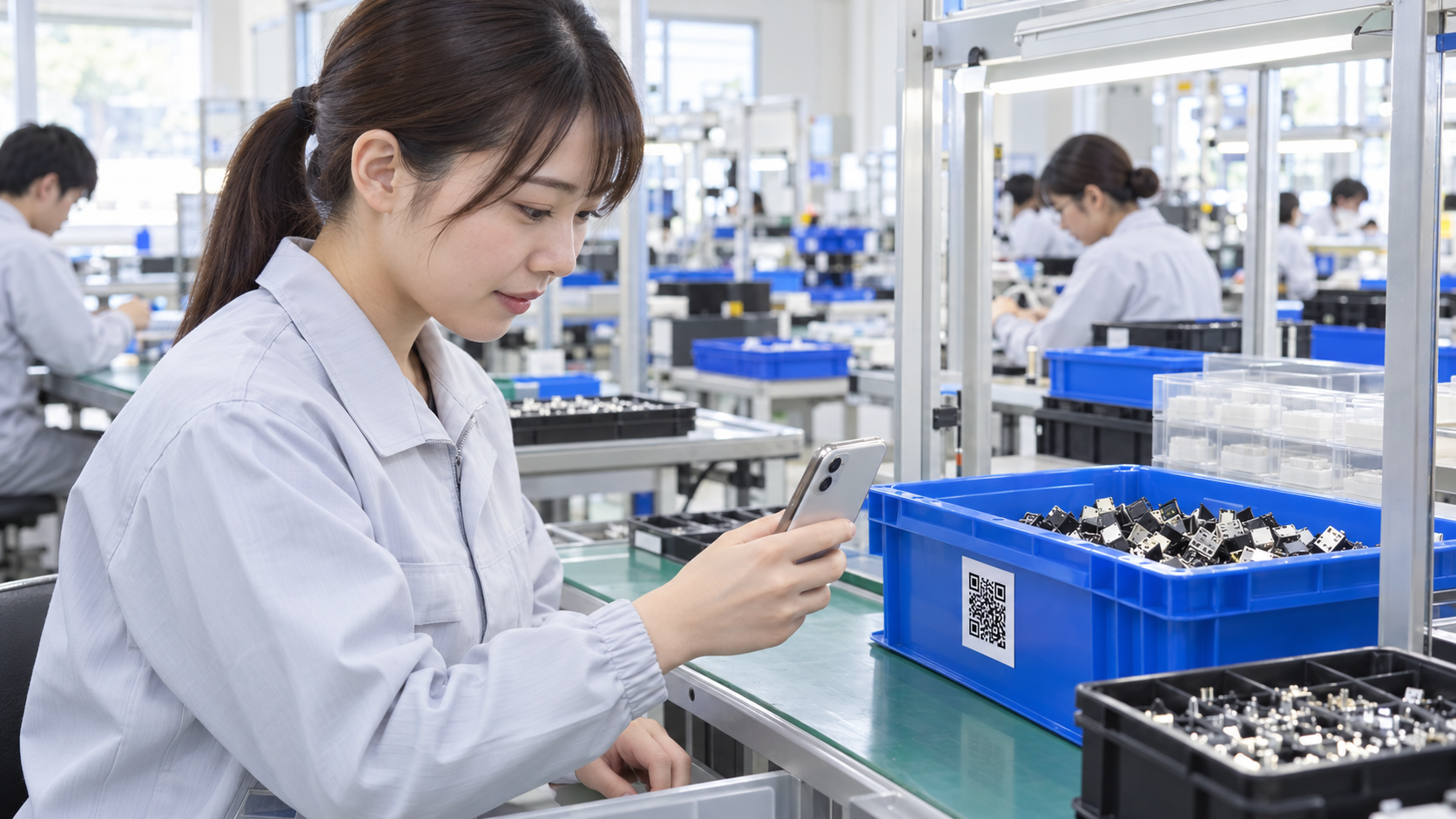 日本の小規模な電子部品組立工場で、作業服を着た作業員が作業台の部品箱に貼られたQRコードを自分のスマートフォンで読み取っている。箱には小型の電子部品がまとまって入り、背景に複数の作業台。清潔で整った明るい現場、実在企業ロゴ、社名、部品番号、氏名、読める文字なし、横長16対9の自然な写真品質。