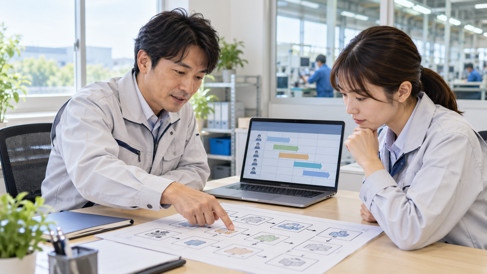 日本の電子部品組立会社の事務所で、管理者が担当者とノートPCと紙の工程図を見ながら作業記録の方法を相談している。画面は作業員と工程、時刻を表す抽象的な列と行のみ、紙は複数の工程を示す文字なしの図。実在企業ロゴ、社名、氏名、読める文字なし、明るく落ち着いた横長16対9の写真品質。