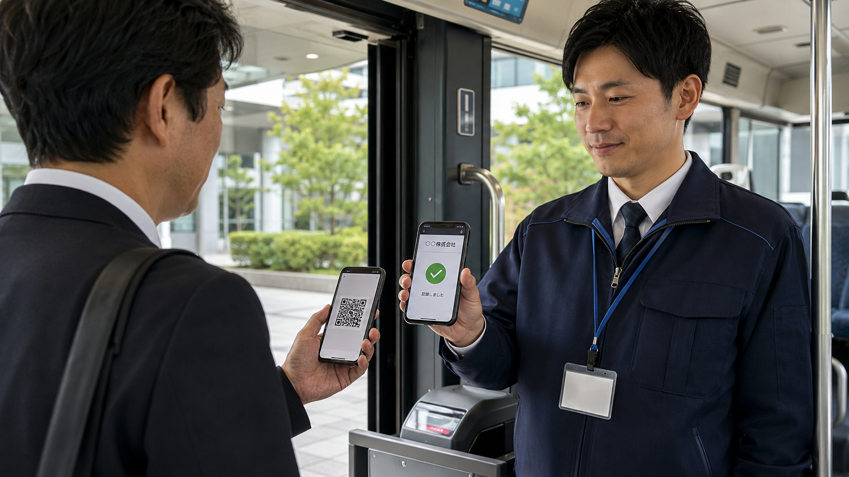 送迎バスの車内入口付近で、乗務員がスマートフォンでQRコードを読み取り、画面に企業名と記録完了が表示されている写真品質のイメージ。