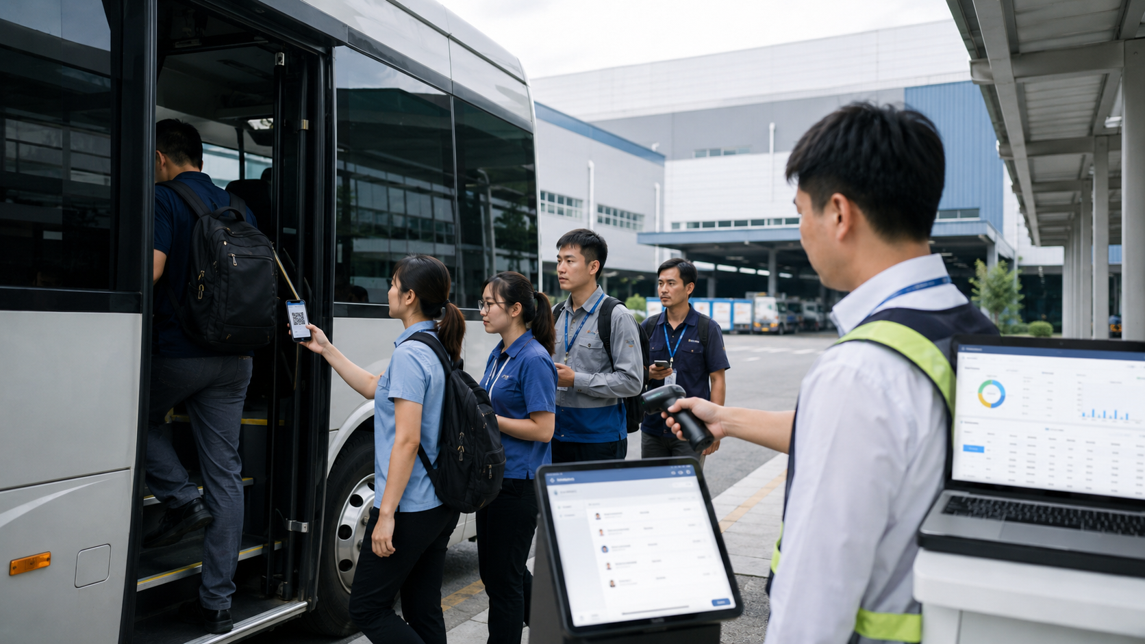 法人契約型の送迎バスに乗車する従業員が、企業別に配布されたQRコードをスマートフォンまたはカードで提示し、乗務員がタブレットで読み取っている写真品質のイメージ。