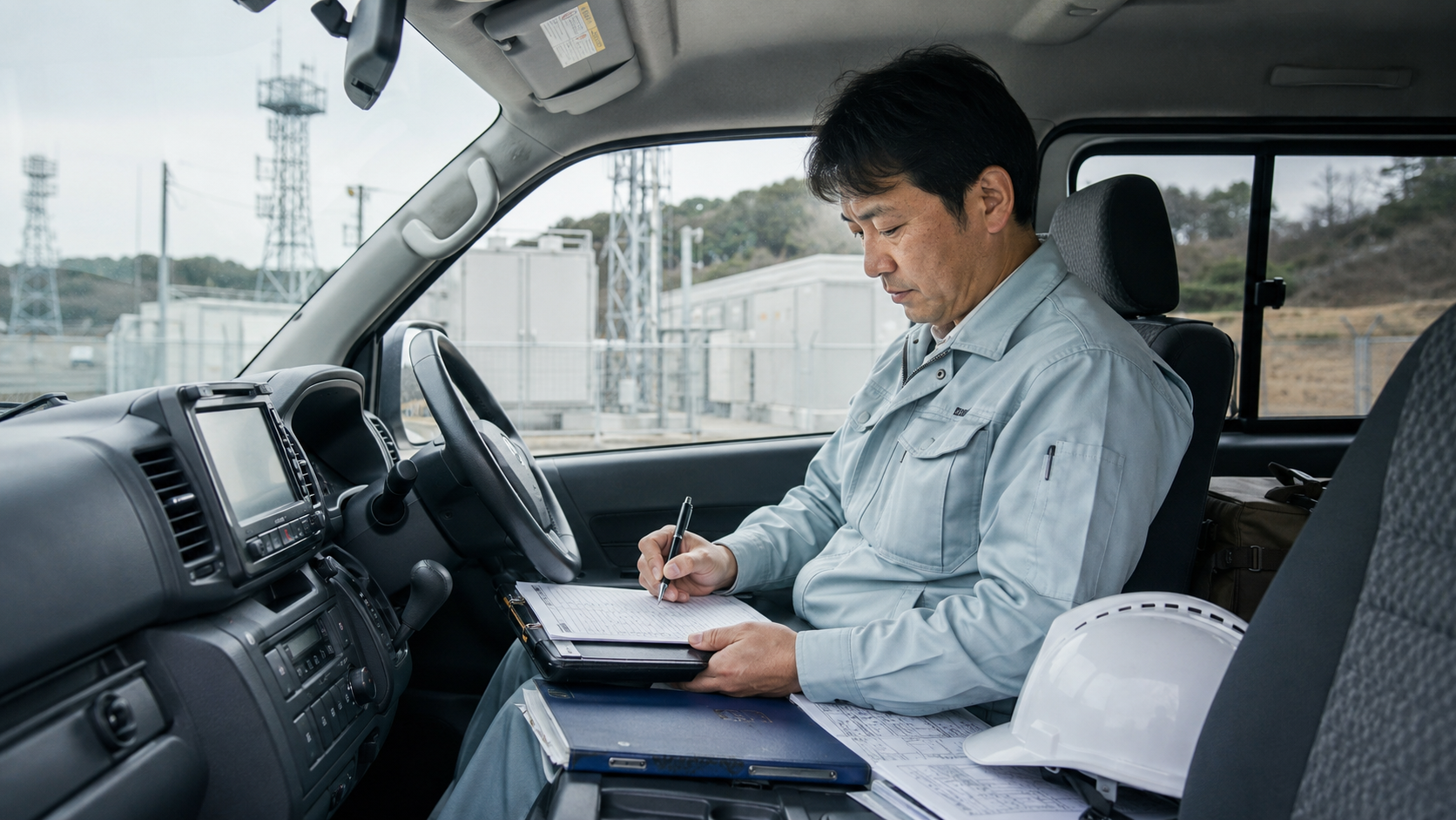通信インフラ設備の保守担当者が、社用車の車内に置かれた紙の運転記録ノートに手書きで記録している写真品質のイメージ。