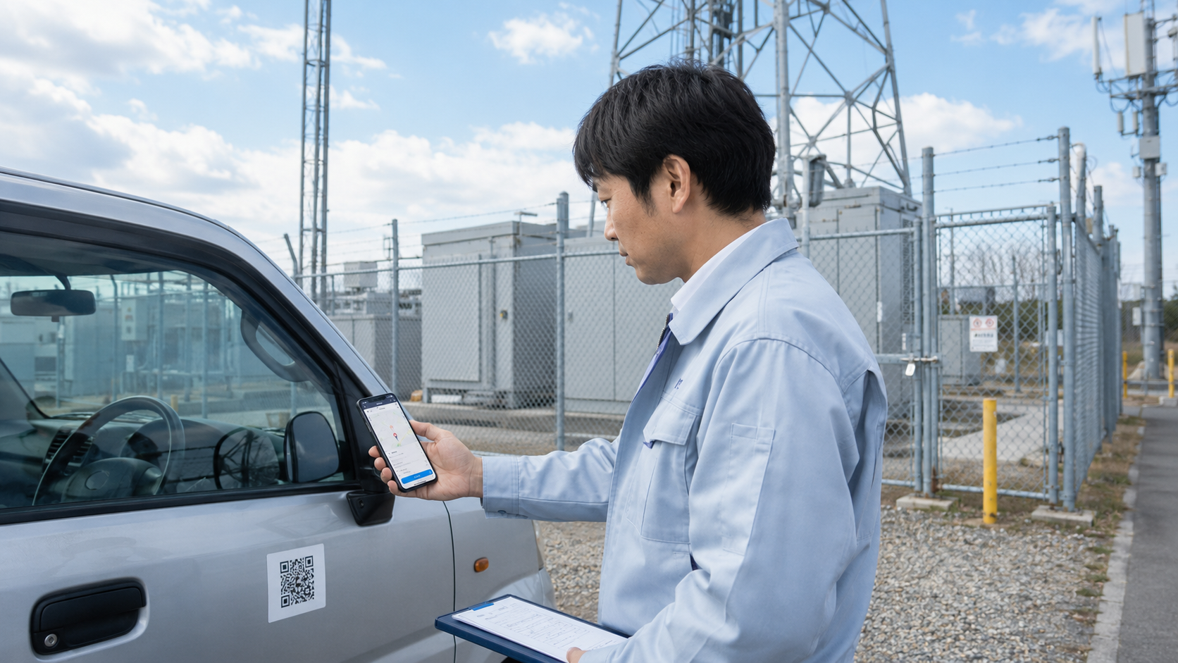 通信インフラ設備の巡回先で、担当者が社用車のQRコードをスマートフォンで読み取り、到着時刻とGPS位置情報を記録している写真品質のイメージ。