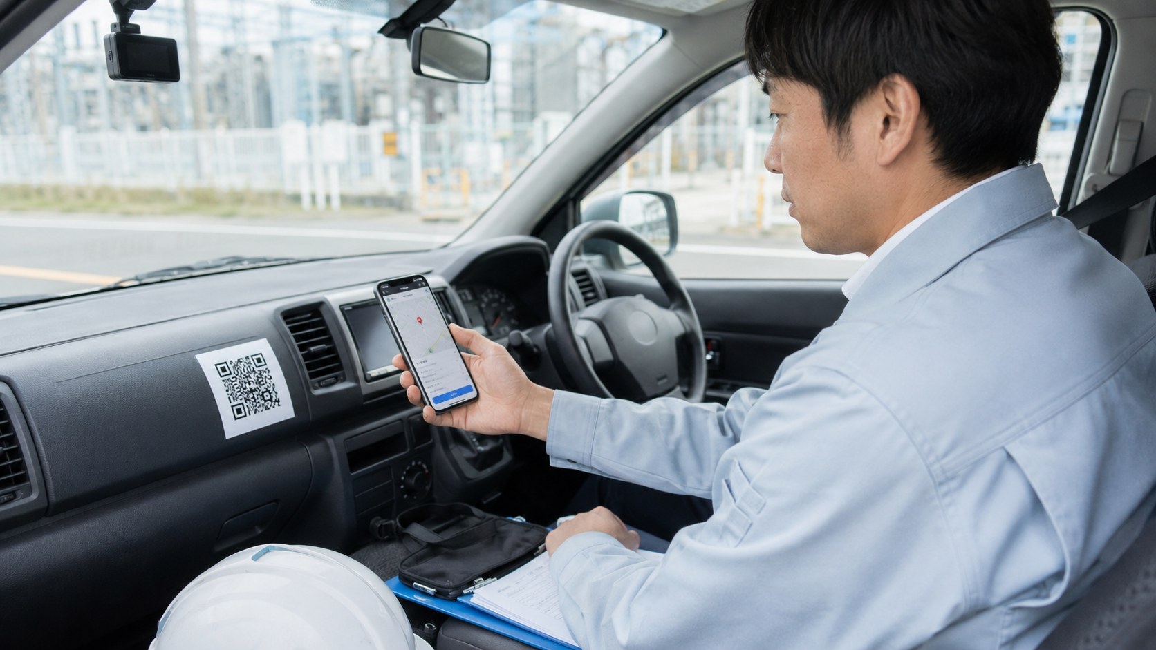 通信インフラ設備の巡回点検に使う社用車の車内で、運転者がスマートフォンでQRコードを読み取り、運行記録とGPS位置情報を登録している写真品質のイメージ。