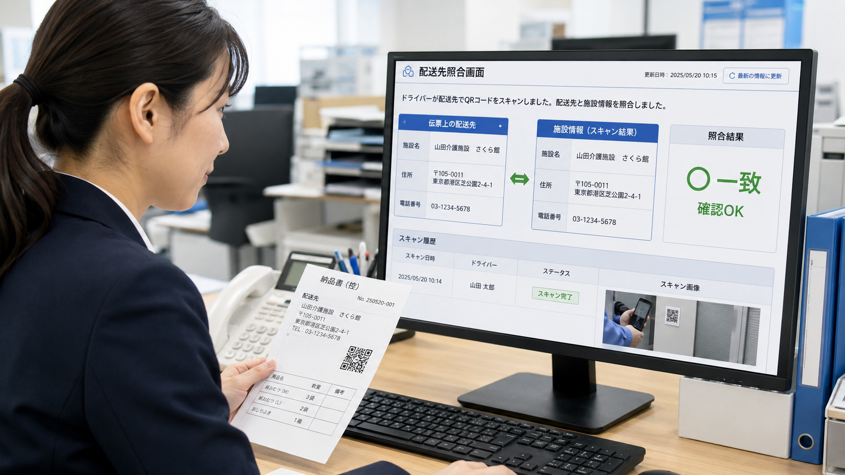配送者が、配送先施設でQRコードを読み取った結果を、事務所で勤務する女性事務員が伝票上の配送先と施設情報を照合し、管理画面に確認結果が表示されている法人向けイメージ。