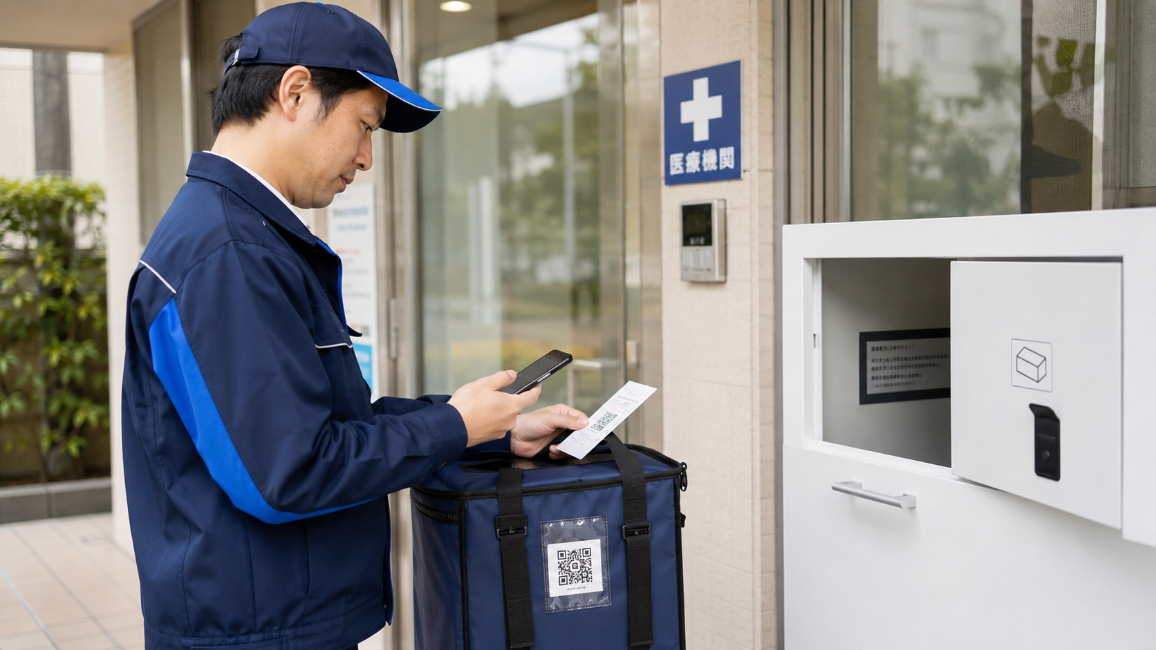 医薬品や医療材料の配送担当者が、医療関連施設の無人受け取りボックス前で、配送袋と伝票に貼られたQRコードを読み取っている写真品質のイメージ。