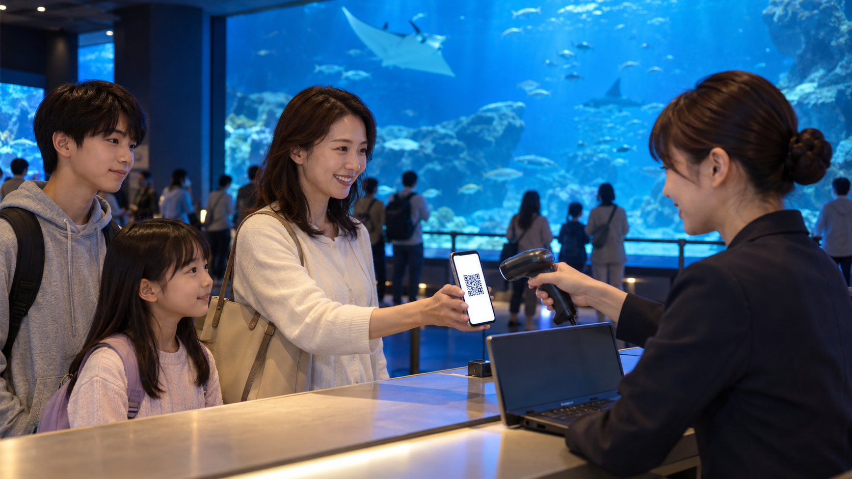 日本の水族館の入口受付で、保護者がスマートフォンに表示した子ども用QRコードを提示し、スタッフがバーコードリーダーで読み取っている。隣に小学生と中学生の子ども、カウンターにノートPC。背景に青く照らされた水槽と来場者。実在施設名、企業ロゴ、氏名、読める文字なし、横長16対9の自然な写真品質。