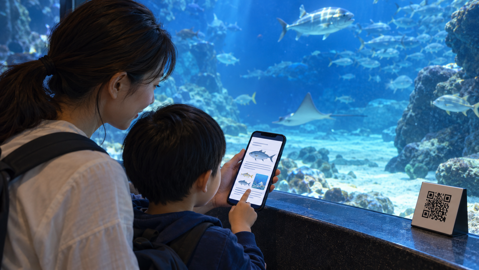 日本の水族館の展示水槽の前で、保護者と小学生の子どもがスマートフォン上の展示解説PDFを一緒に見ている。水槽の脇にQRコード付きの小さな案内札。スマートフォン画面には魚の図と抽象的な文章の線のみで読める文字なし。青い水槽の光と穏やかな雰囲気、実在施設名、企業ロゴ、個人情報なし、横長16対9の写真品質。