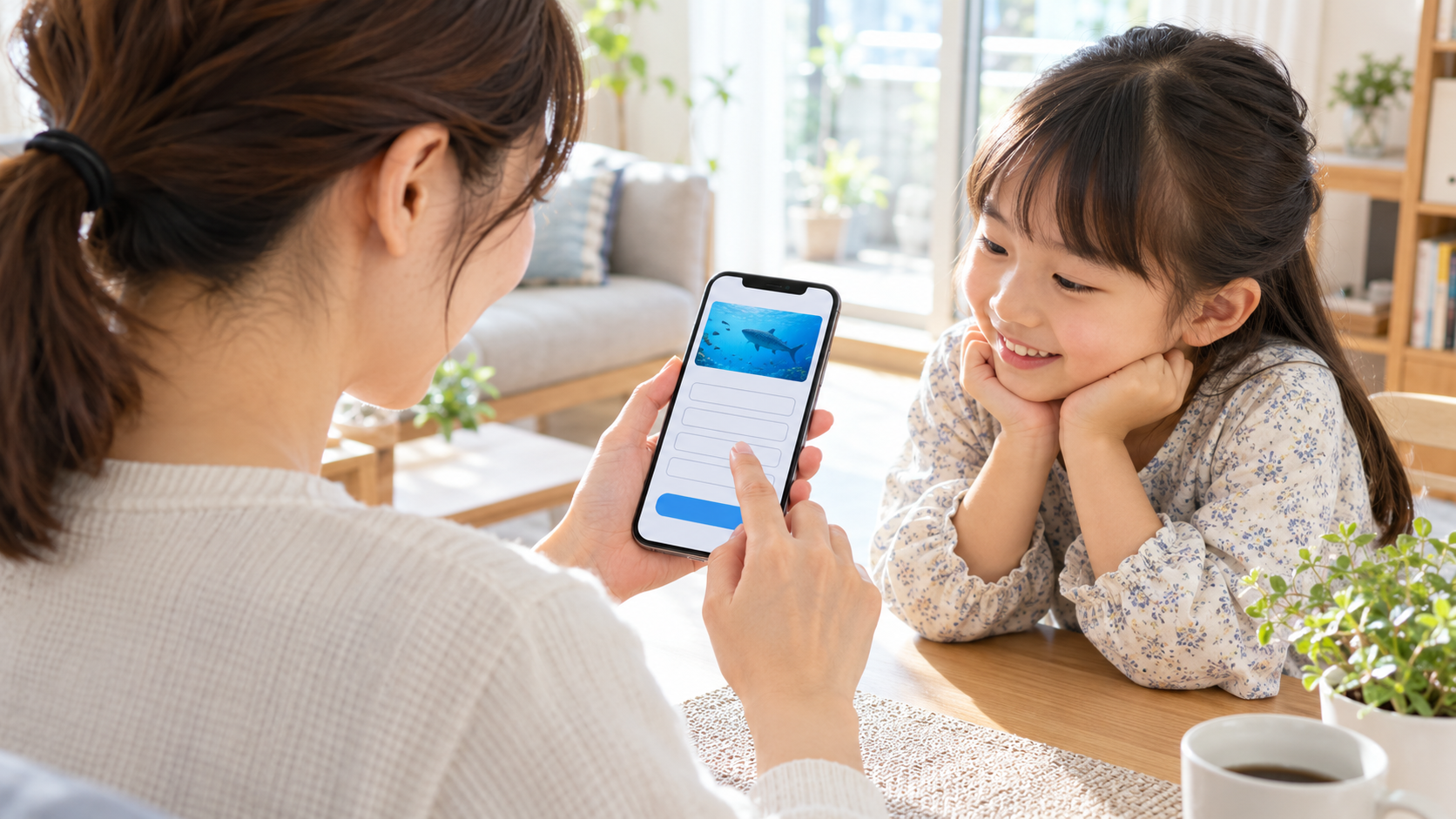 日本の家庭の明るいリビングで、保護者がスマートフォンから水族館イベントの事前登録フォームに入力している。近くで小学生の子どもが楽しみに見守っている。スマートフォン画面は1人分の入力欄を表す抽象的な枠のみ。氏名、メールアドレス、施設名、企業ロゴ、読める文字なし、横長16対9の自然な写真品質。