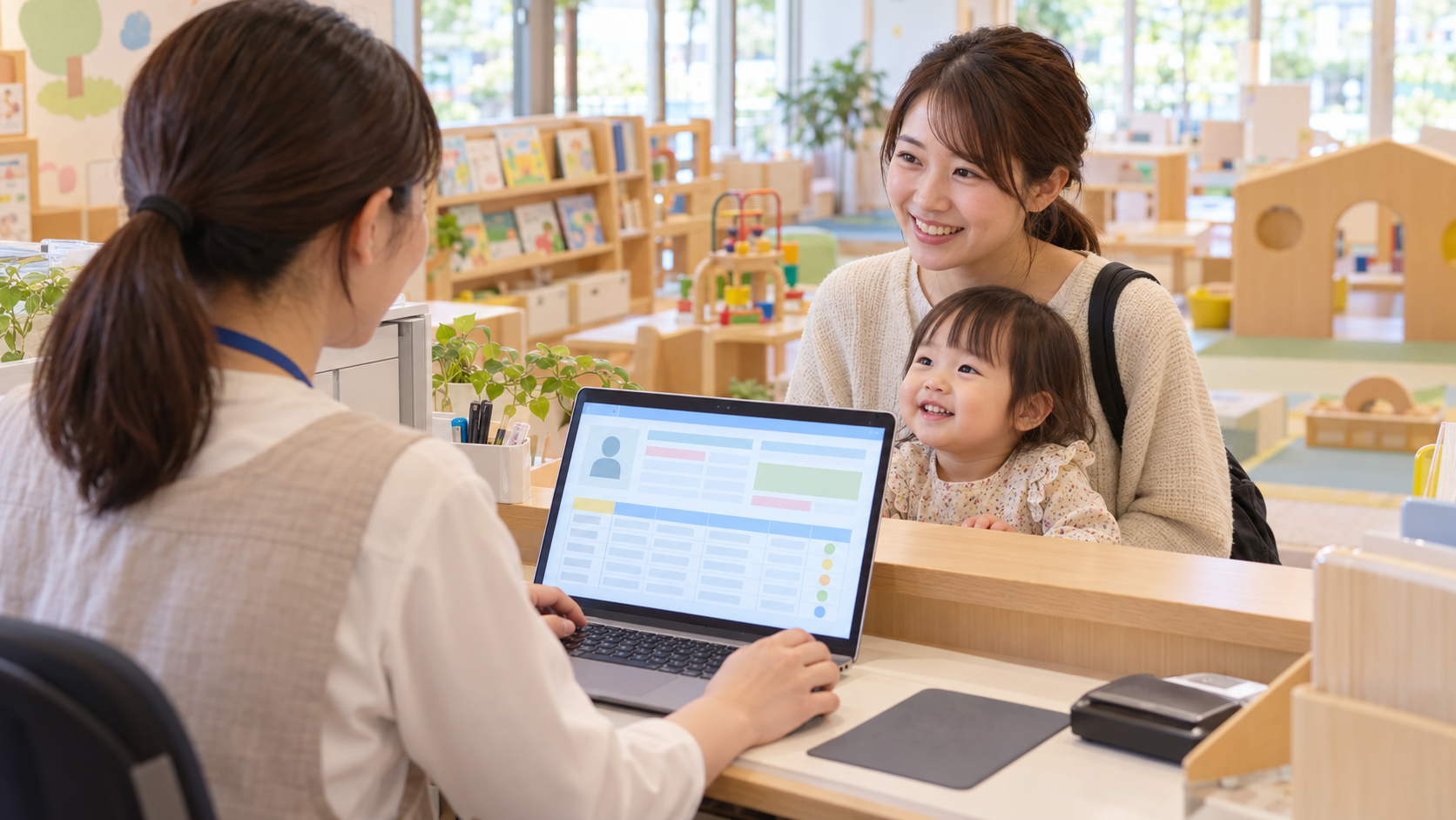 日本の子育て支援施設の受付で、スタッフがノートPCの登録者情報と来場履歴を確認し、保護者と幼い子どもに対応している。画面には年齢欄と読み取り履歴を表す抽象的な列と行のみ。清潔で明るい室内、背景に絵本棚。氏名、住所、生年月日、施設名、自治体名、読める文字、ロゴなし、横長16対9の写真品質。