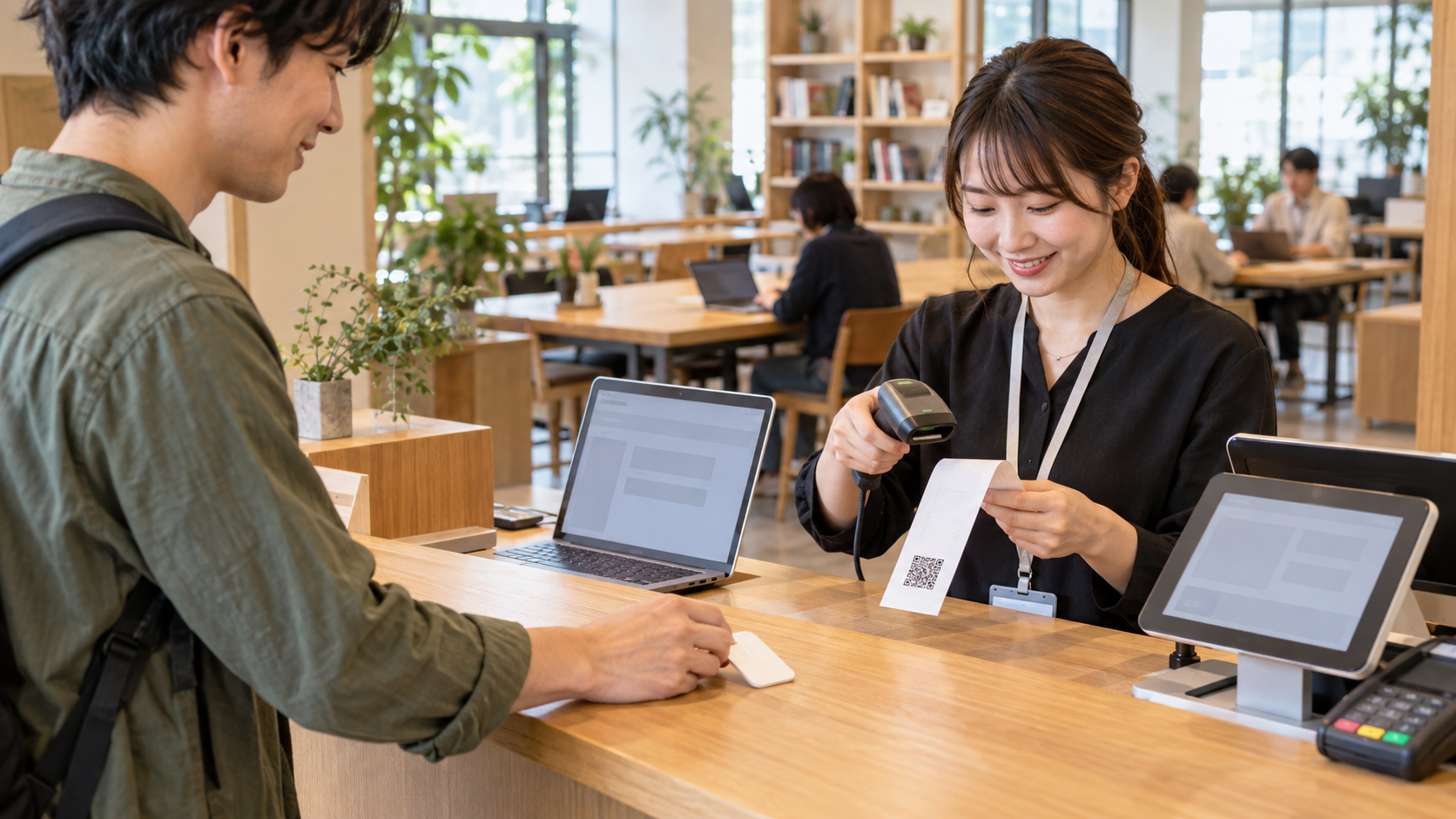 日本のコワーキングスペースの退場受付で、利用者がQRコード付きの細長いレシートと物理的な番号札を返却し、スタッフがレシートをバーコードリーダーで読み取っている。カウンターに滞在時間確認用のノートPCとPOSレジ。自然な日中の光、実在企業のロゴ・社名なし、画面に読める文字や個人情報なし、横長16対9の写真品質のイメージ。