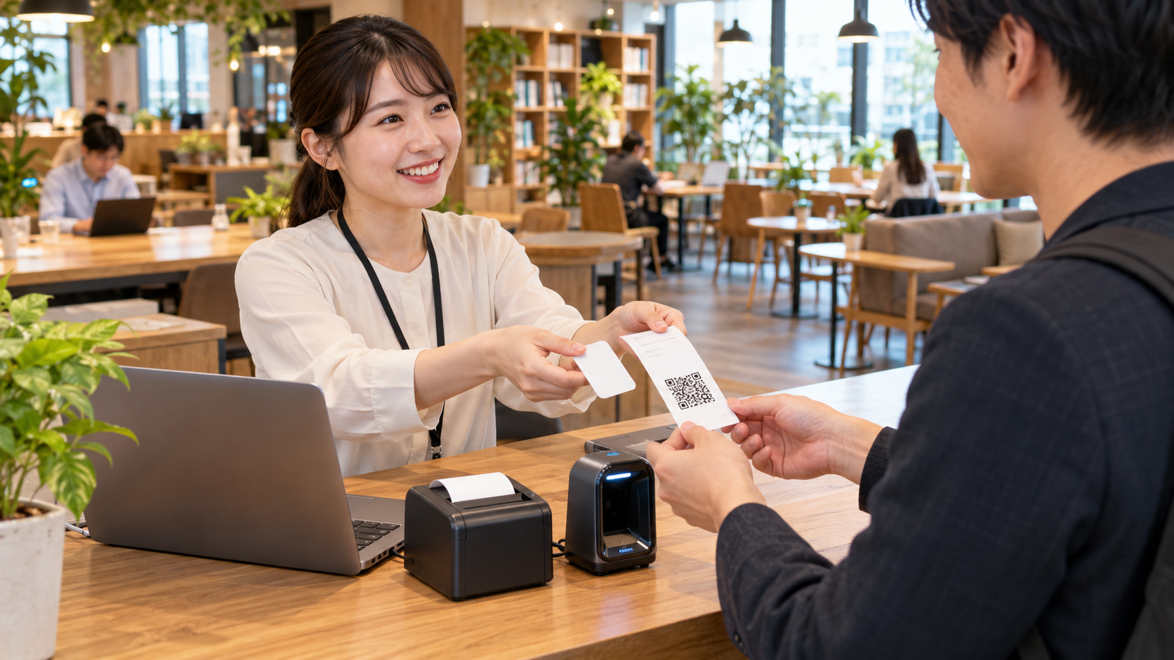 日本のコワーキングスペースの受付で、スタッフが来場者に物理的な番号札とQRコード付きの細長いレシートをセットで渡している。カウンターにノートPC、小型レシートプリンター、QR対応バーコードリーダー。背景にはカフェスペース、フリーテーブル、書籍棚。実在企業のロゴ・社名なし、個人情報や読める文字なし、横長16対9の写真品質のイメージ。