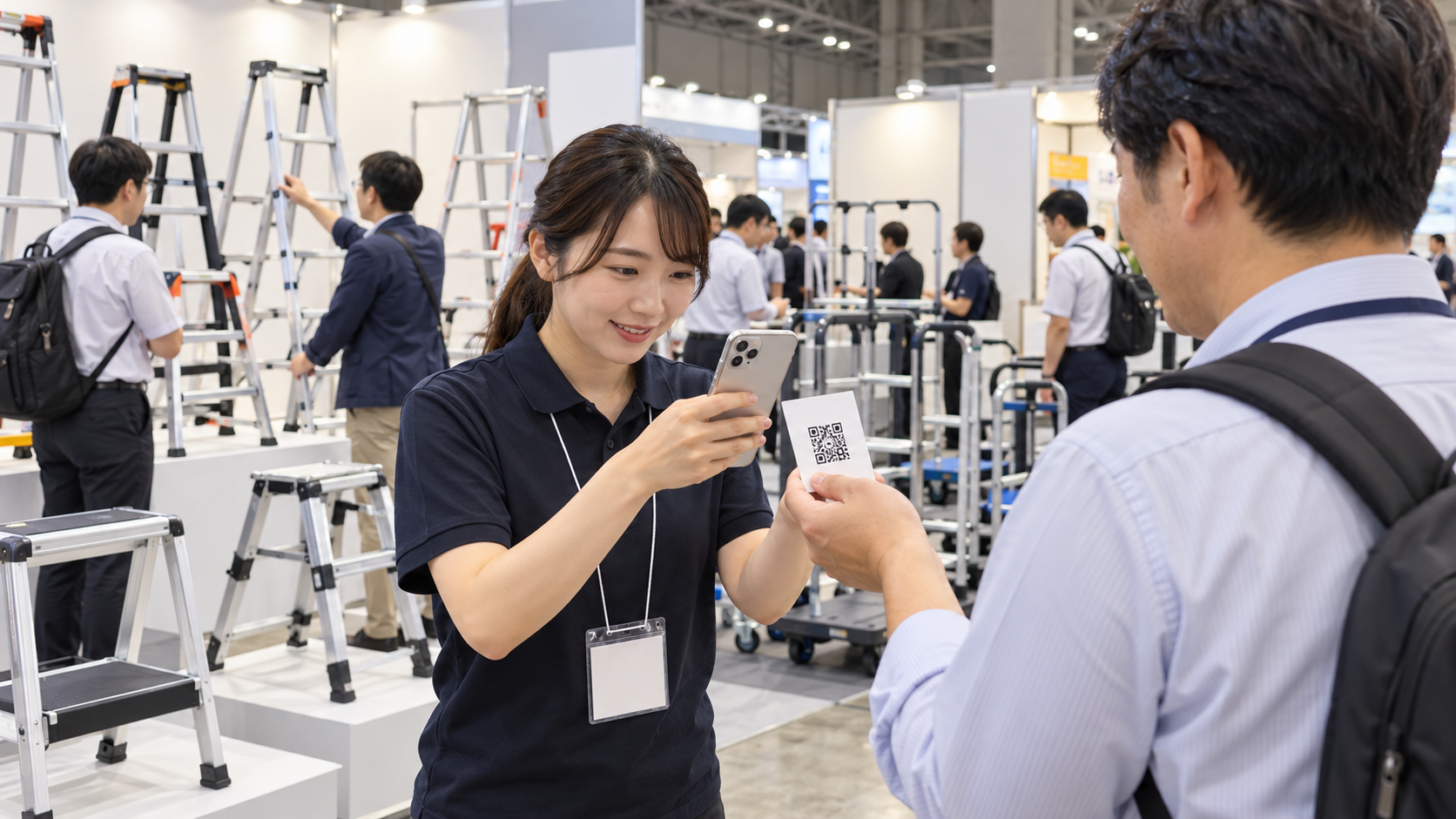 日本の建設資材展示会のメーカーブースで、担当スタッフが来場者の提示するQRコードをスマートフォンで読み取っている。周囲には脚立、踏み台、台車などの展示品があり、他の来場者が製品を見ている。実在企業のロゴ・社名なし、個人情報や読める文字なし、横長16対9の写真品質のイメージ。