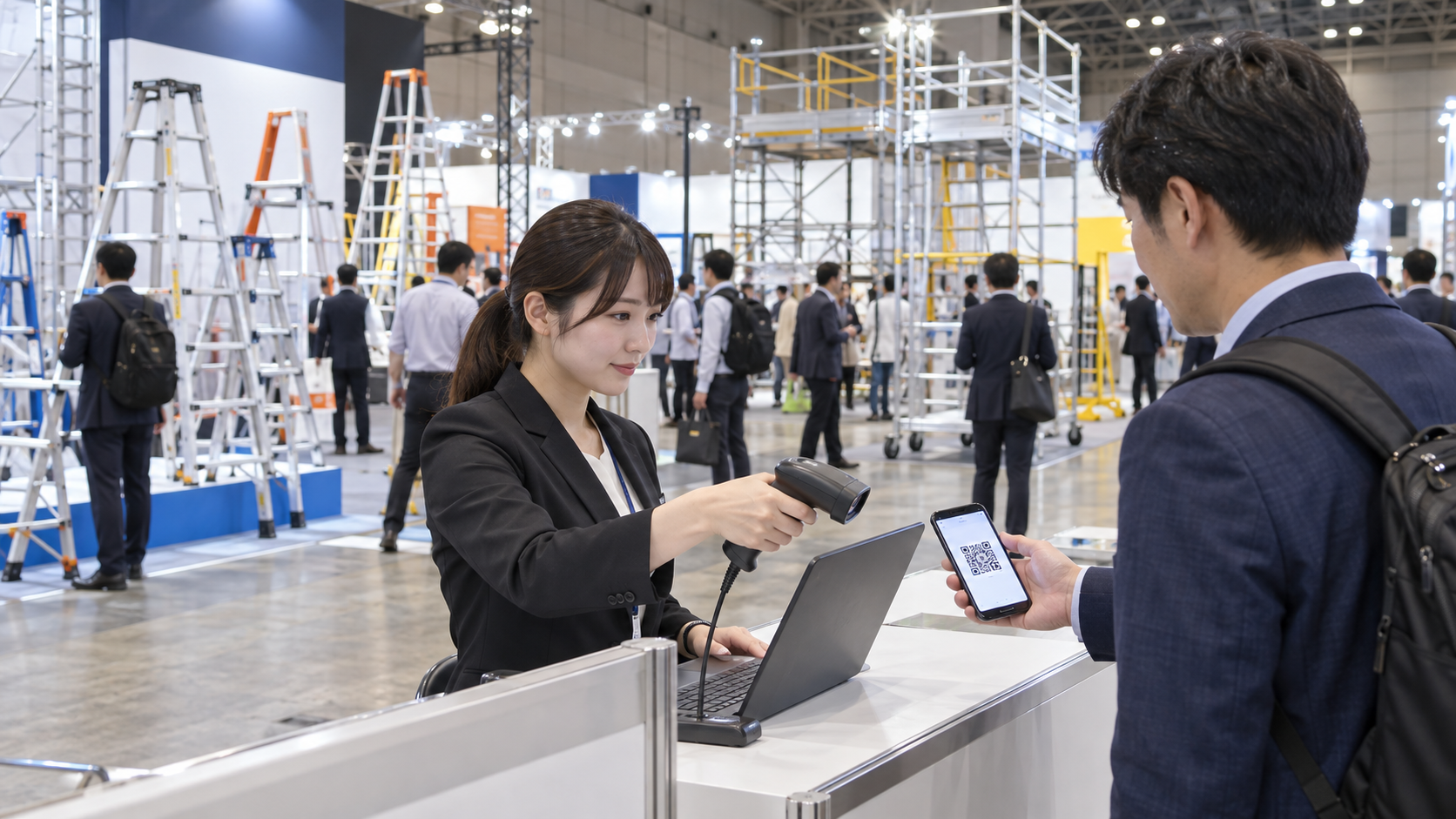 日本の建設資材展示会の入口受付で、スタッフが来場者の提示する個別QRコードをバーコードリーダーで読み取っている。受付カウンターにインターネット接続されたノートPC。背景には脚立や移動式足場を展示する複数のブースと来場者。実在企業のロゴ・社名なし、氏名や読める文字なし、横長16対9の写真品質のイメージ。
