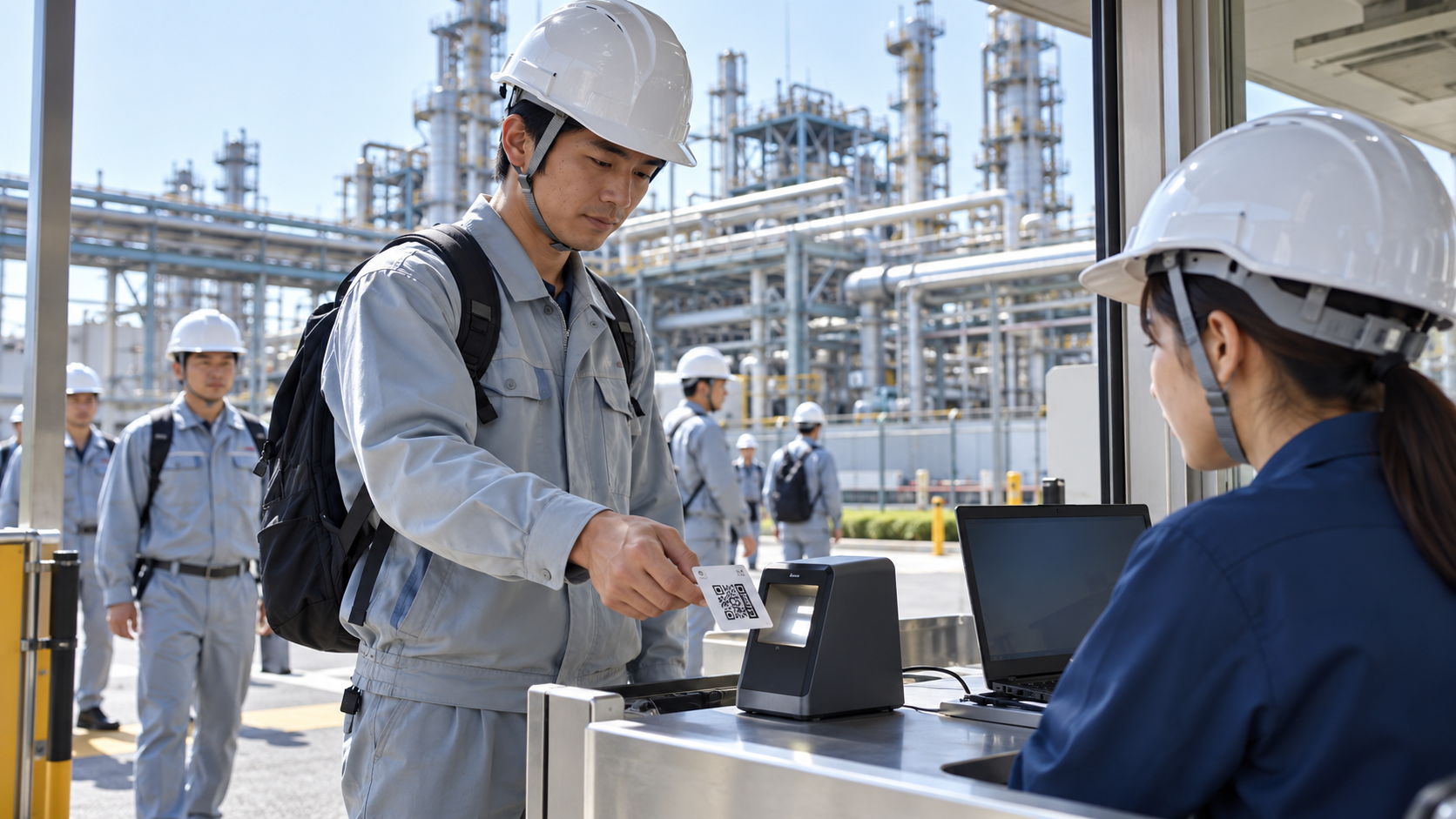 日本の化学プラント工場の通用門に設けた受付で、ヘルメットと作業服を着用した作業員が個人用QRコード付き入場票を据え置き型バーコードリーダーにかざしている。リーダーの横にはインターネット接続されたノートPCがあり、受付スタッフが確認している。背景には複数の作業員と配管設備。実在企業のロゴ・社名・施設名を含めず、文字を入れない、横長16対9の写真品質のイメージ。