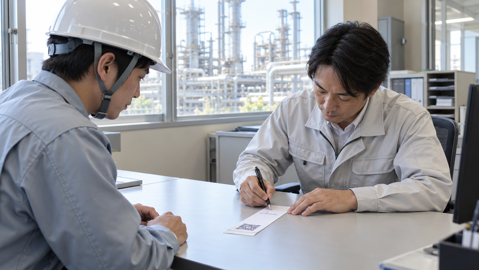 化学プラントの事務所で、ヘルメットと作業服を着用した訪問作業員が持参したQRコード付きのレシート用紙に、訪問先の社員がペンで手書きサインをしている場面。用紙のQRコードと筆記動作が分かる構図。実在企業のロゴ・社名なし、個人名や読める文字を入れない、横長16対9の写真品質のイメージ。