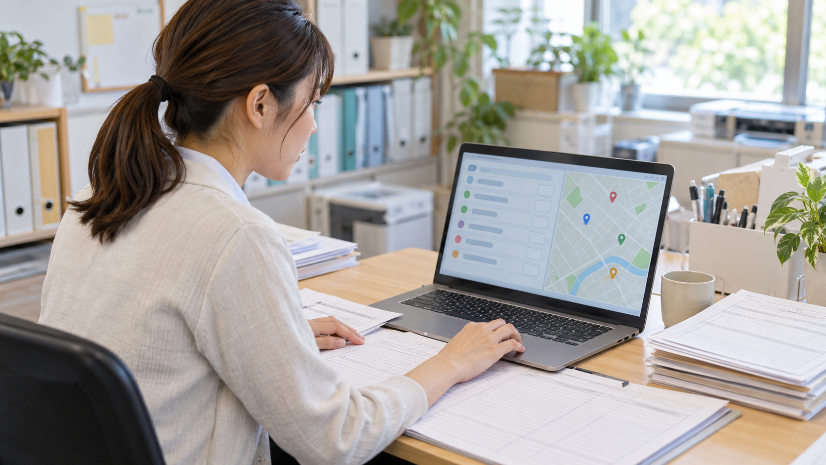 日本の訪問介護事業所で、担当者がノートPCに表示された訪問履歴の一覧と位置情報の地図を確認している。机には照合用の紙の報告書。画面は抽象的な行・時刻欄・地図上の点のみで、住所・氏名・読める文字なし。明るく落ち着いた事務所、企業ロゴなし、横長16対9の写真品質。