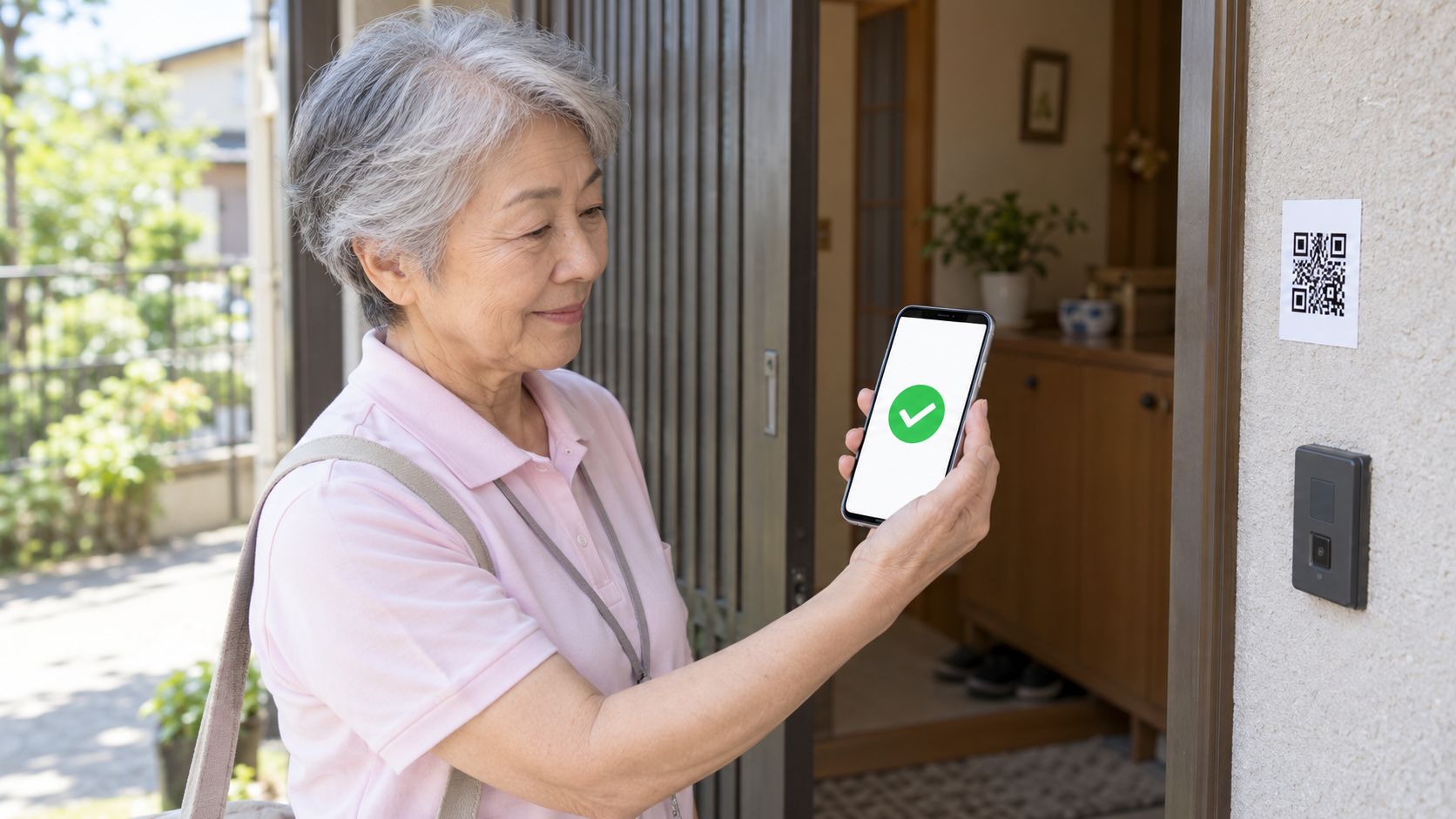 日本の高齢者宅の玄関付近で、70代の訪問介護スタッフがスマートフォンの読み取り完了画面を確認している。近くの壁にQRコード付きの小さな用紙。スタッフの穏やかな表情とスマートフォン操作が分かる自然な構図。画面は文字なしのチェックマークのみ、氏名・住所・企業ロゴなし、横長16対9の写真品質。
