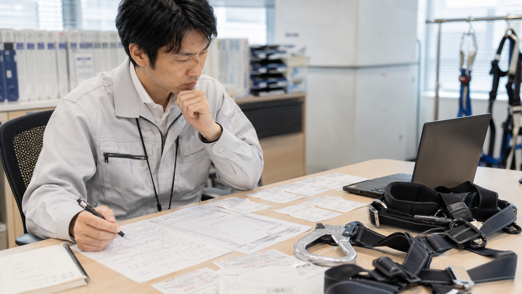 安全器具メーカーの担当者が、落下防止用ハーネスの製品台帳と登録ハガキを確認しながら、使用開始日が分からない課題を整理している写真品質のイメージ。