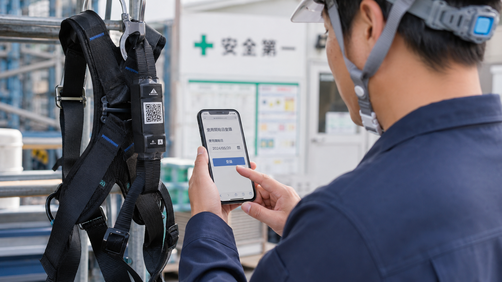建設現場で使われる落下防止用ハーネス本体に印刷されたQRコードを、担当者がスマートフォンで読み取り、使用開始日を登録している写真品質のイメージ。