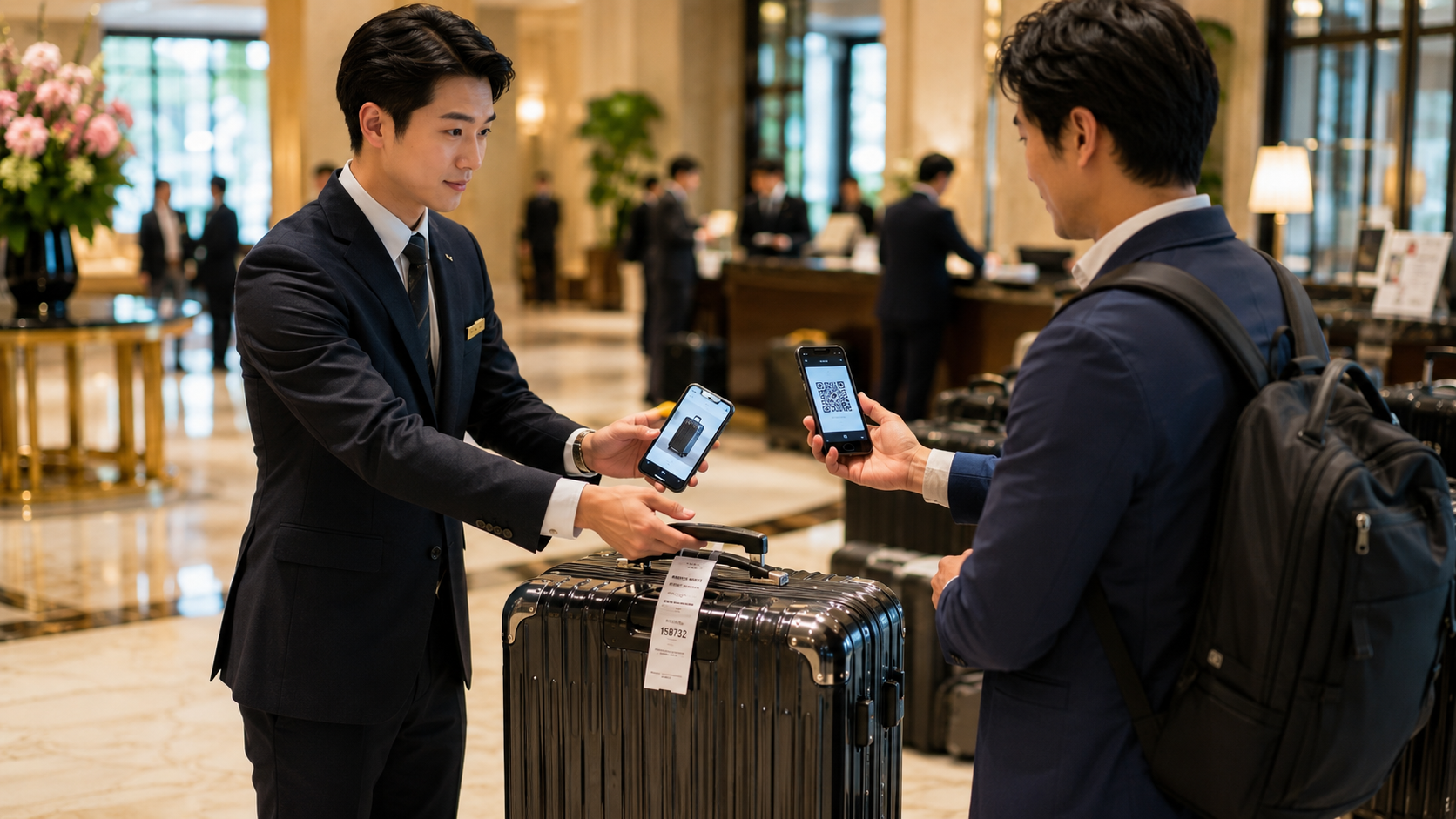 ホテルのロビースタッフが宿泊者のスマートフォンに表示された引換用QRコードを読み取り、番号札と荷物写真を確認してスーツケースを返却している写真品質のイメージ。