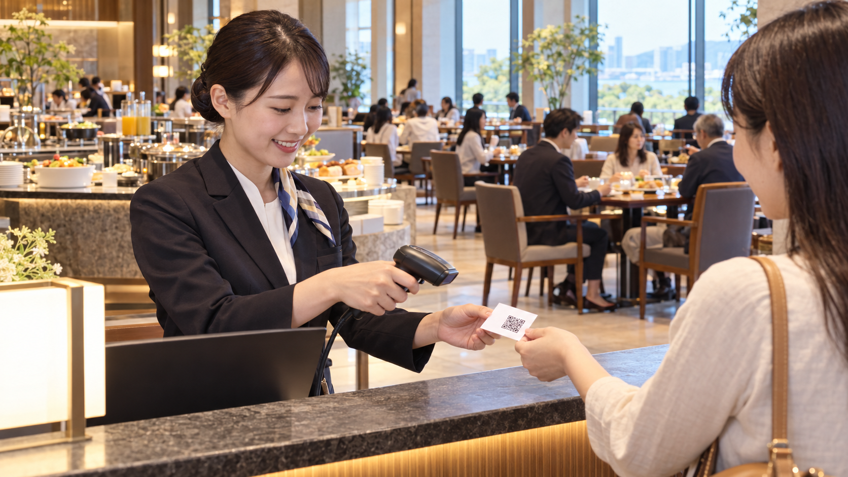 日本の大型ホテルの朝食会場入口で、宿泊客が紙のQRコード付き朝食券をスタッフに渡し、スタッフがバーコードリーダーで読み取っている。受付カウンターにノートPC。奥には多くのテーブルと朝食を楽しむ宿泊客。明るい朝の自然な光、実在ホテル名、企業ロゴ、客室番号、個人情報、読める文字なし、横長16対9の写真品質。