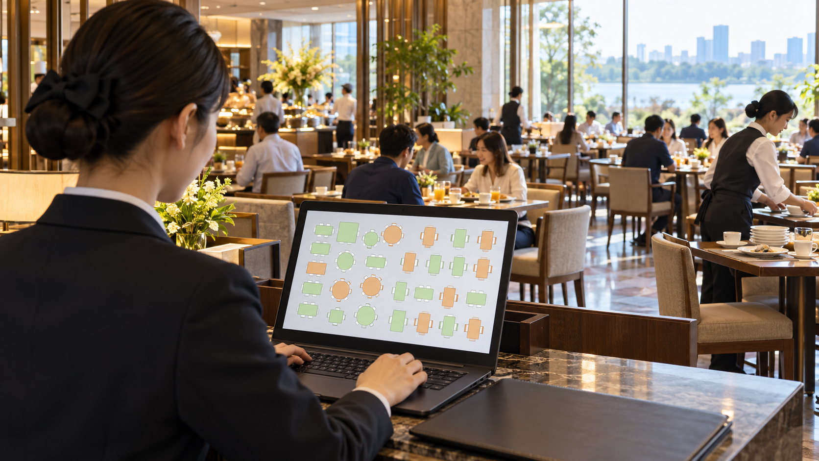 日本の大型ホテルの朝食会場入口で、受付スタッフがノートPC上のテーブル利用状況を確認している。画面には使用中と空席を色分けした抽象的なテーブル枠が並び、読める文字や数字なし。奥には多数のテーブルと、食器を片付けるスタッフ。明るい朝の光、実在ホテル名、企業ロゴ、個人情報なし、横長16対9の写真品質。