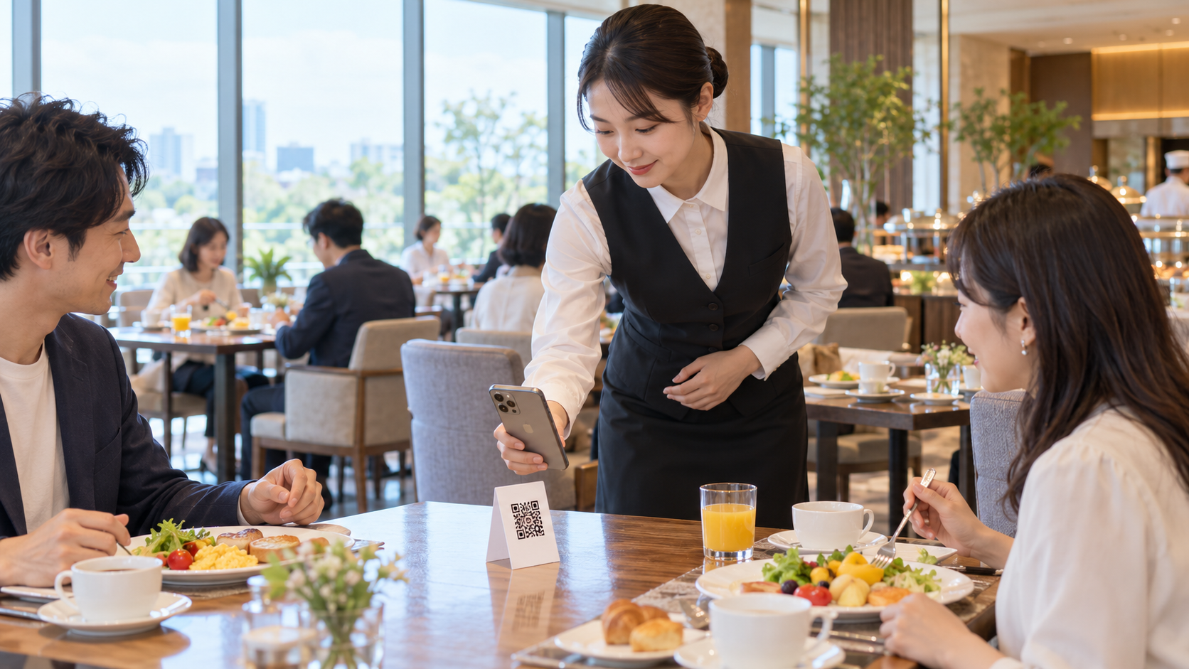 日本の大型ホテルの朝食会場で、案内スタッフがテーブル上の小さなQRコード付き札をスマートフォンで読み取っている。テーブルには着席した宿泊客と朝食の食器。スタッフの操作が分かる自然な構図、背景に複数のテーブル。実在ホテル名、企業ロゴ、客室番号、氏名、読める文字なし、横長16対9の写真品質。