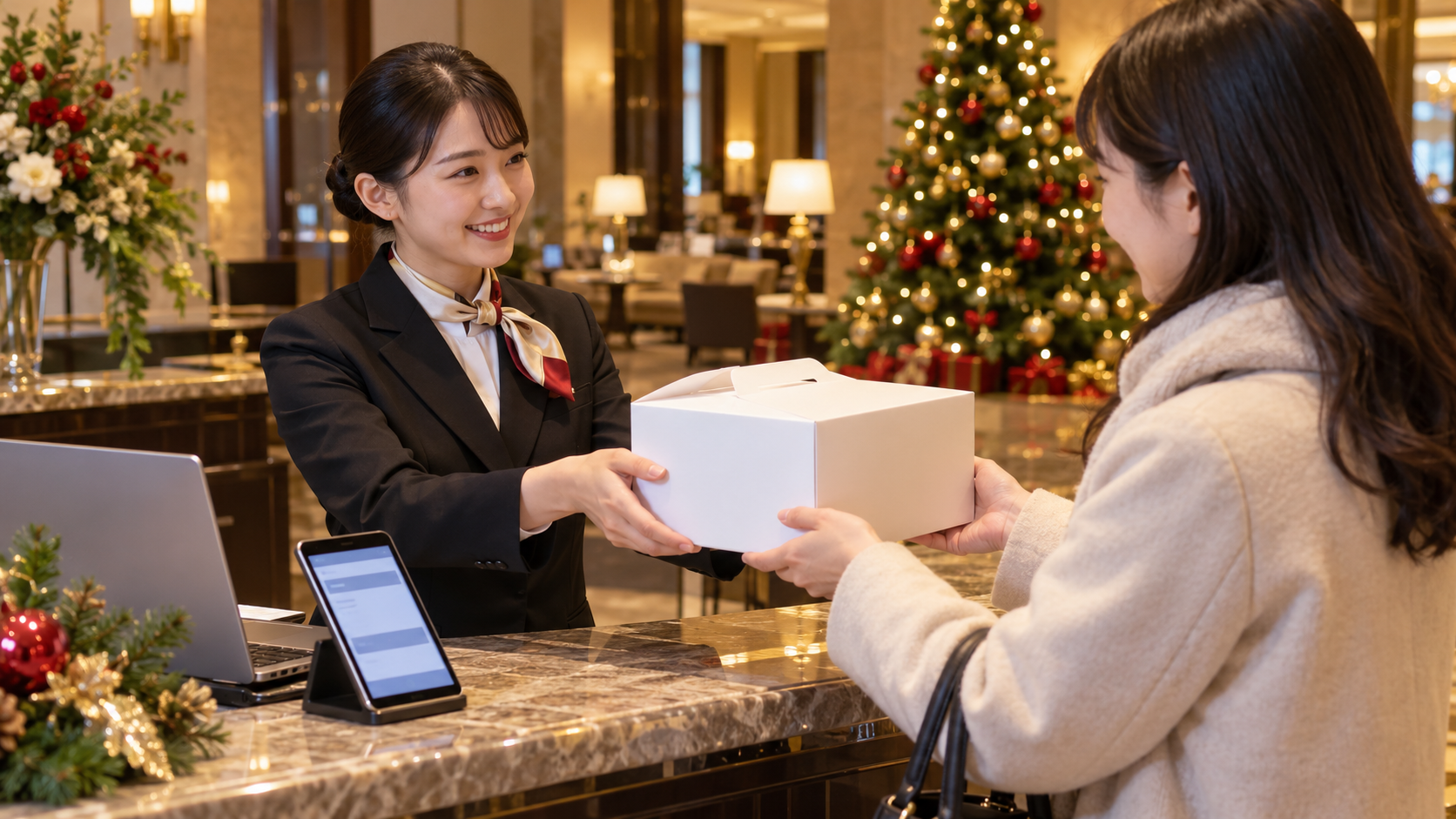 日本のホテルロビーに設けたクリスマスケーキ受け渡しカウンターで、スタッフが注文内容を確認した後、無地のケーキ箱を来場客へ丁寧に渡している。カウンター脇に注文確認用のスマートフォンとノートPC、背景に控えめなクリスマスツリー。実在ホテル名、企業ロゴ、氏名、注文番号、読める文字なし、横長16対9の自然な写真品質。