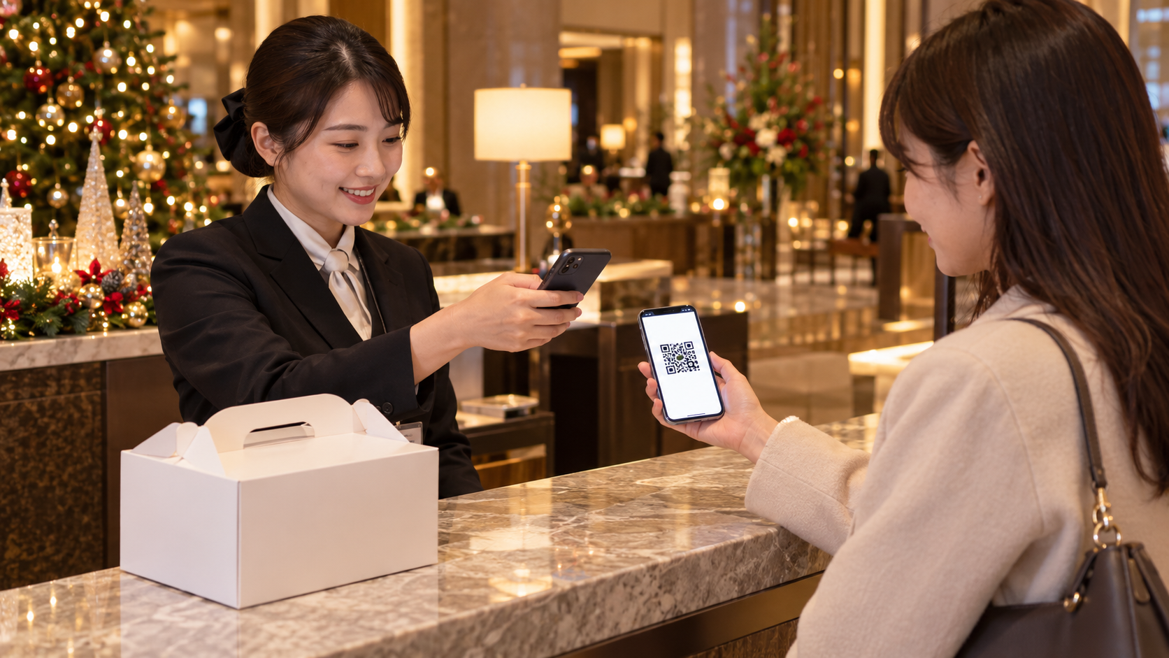 日本のホテルロビーのクリスマスケーキ引き換え受付で、スタッフが来場客のスマートフォンに表示されたQRコードを自分のスマートフォンで読み取っている。カウンターには無地のケーキ箱、背景に控えめなクリスマス装飾。実在ホテル名、企業ロゴ、氏名、注文番号、読める文字なし、横長16対9の自然な写真品質。