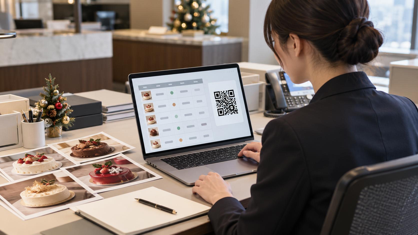 日本のホテル事務所で、担当者がノートPC上のクリスマスケーキ注文一覧とQR引換券のメール配信準備を確認している。画面は種類や数量、受取日を表す抽象的な列と行、QRコードのプレビューのみ。机に無地のケーキ写真資料。氏名、メールアドレス、ホテル名、企業ロゴ、読める文字や数字なし、横長16対9の写真品質。