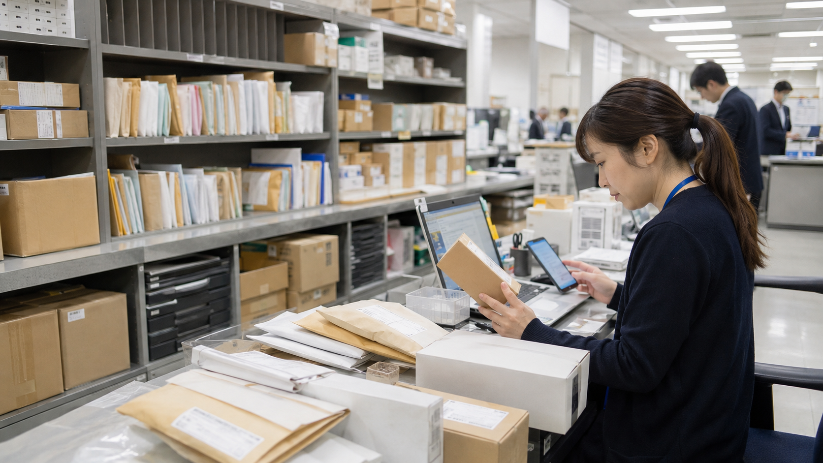 大規模オフィスの総務部に届いた郵便物や宅配物が保管棚に並び、担当者が宛名を確認しながら個別にメール連絡している写真品質のイメージ。