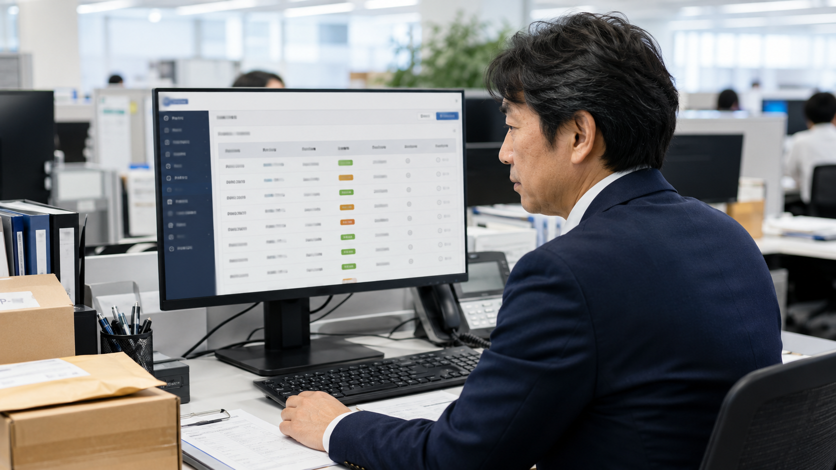 総務部の管理者がPC画面で、社内郵便物や宅配物の受付日、受取人、通知状況、未受領、受領済みステータスを確認している法人向け写真品質のイメージ。