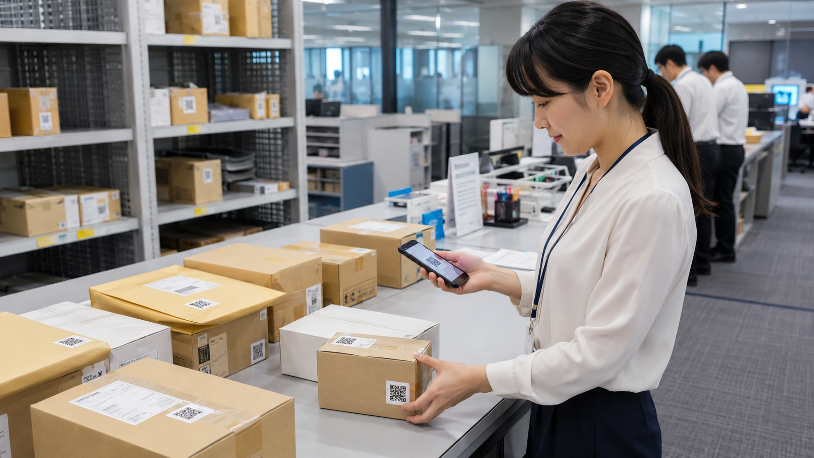 大規模オフィスの総務部で、届いた宅配物や社内郵便物にQRコードシールを貼り、スマートフォンで読み取って受取人へ通知している写真品質のイメージ。