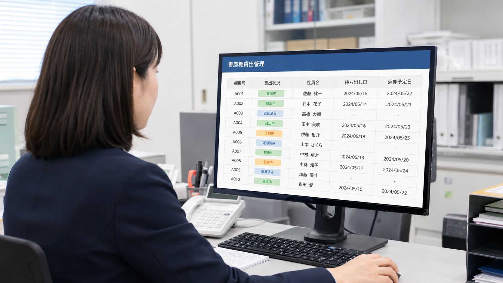 管理者がPC画面でキャビネット棚ごとの貸出状況、社員名、持ち出し日、返却予定日を確認している法人向け写真品質のイメージ。