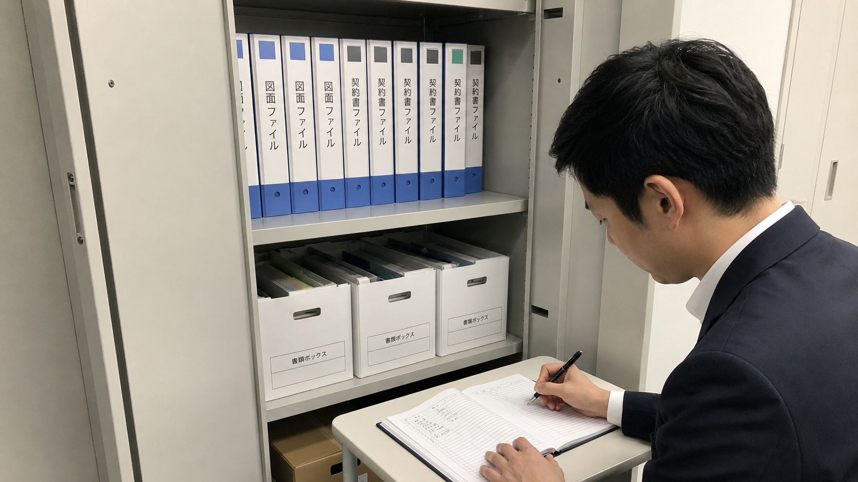 無人書庫のキャビネットに保管された図面や契約書を、紙の貸出ノートだけで管理している状態を示す写真品質のイメージ。
