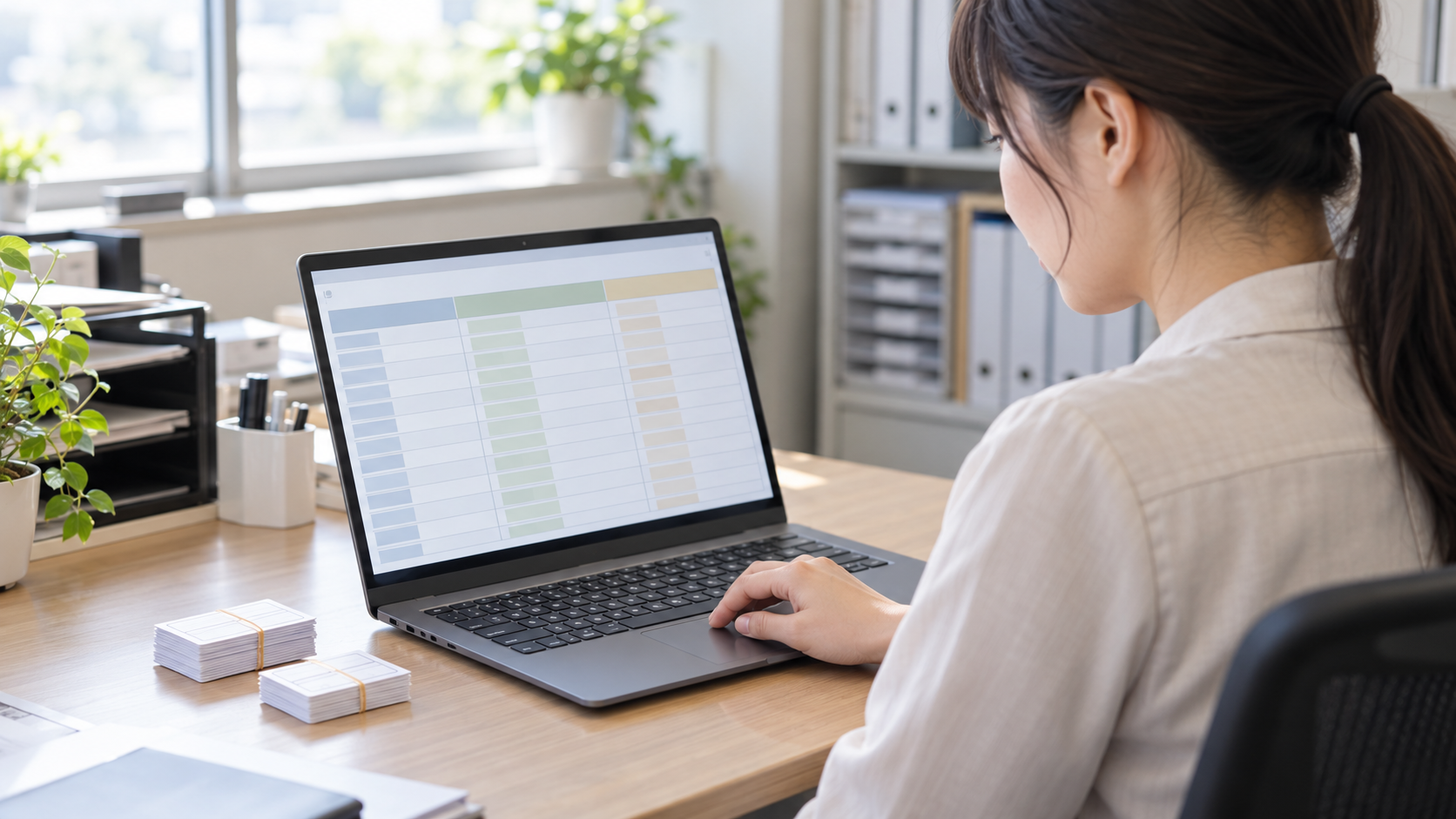 日本の食堂運営会社の事務所で、担当者がノートPC上の食事記録の表を確認している。画面に寮生・料理・時刻を表す抽象的な列と行が整列し、机には従来の紙の食券をまとめた小さな束。個人名、学校名、料理名など読める文字は入れない。明るく落ち着いた写真品質、企業ロゴなし、横長16対9。