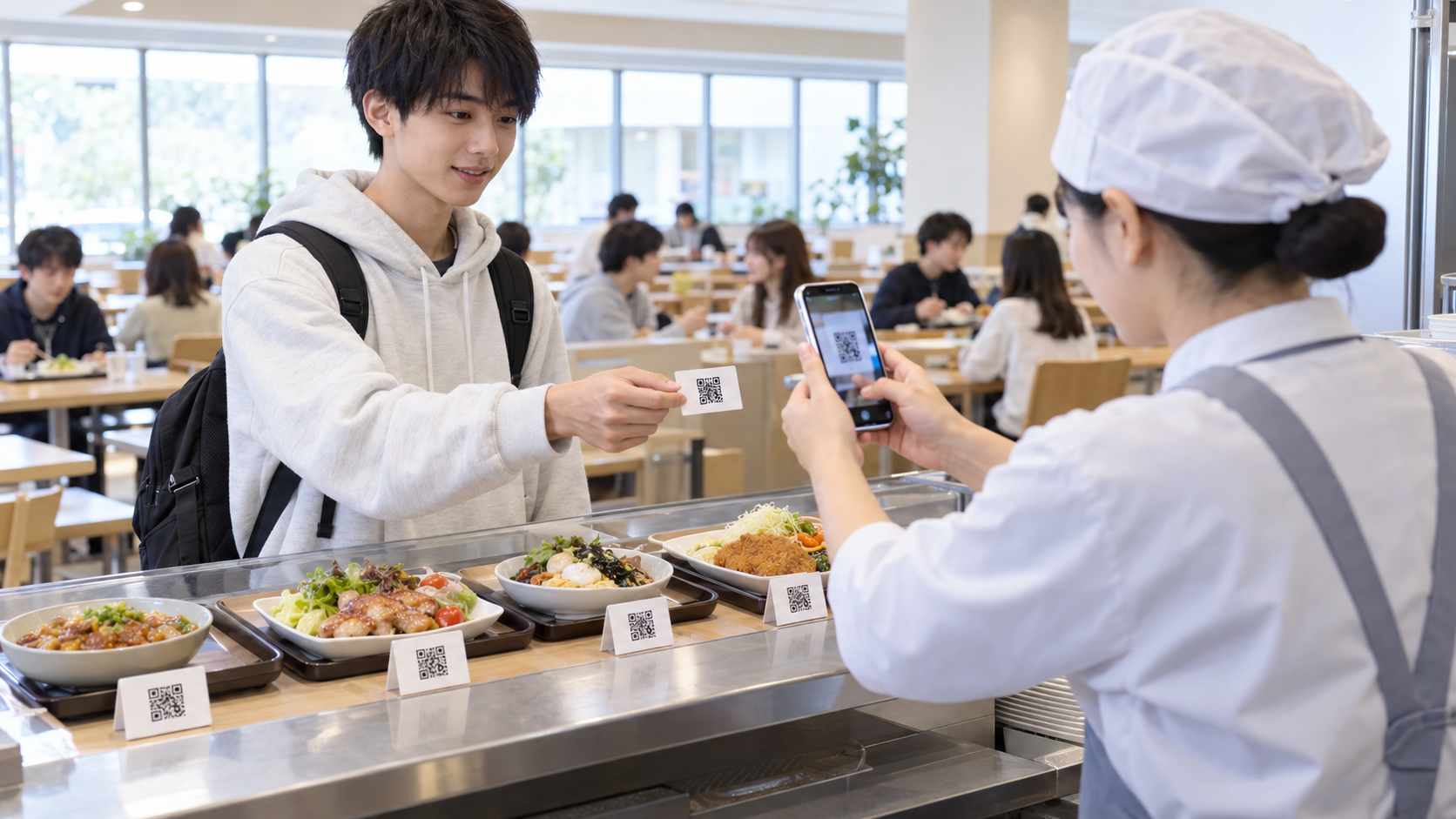 日本の学生寮の食堂の配膳受付で、学生が名刺サイズのQRコード付きカードを提示し、食堂スタッフがスマートフォンで読み取っている。カウンターに当日の4種類の料理を示す見本とメニュー用QRコード。学生はスマートフォンを使わない。清潔で明るい食堂、自然な写真品質、実在企業・学校のロゴや名称、氏名、読める文字なし、横長16対9。