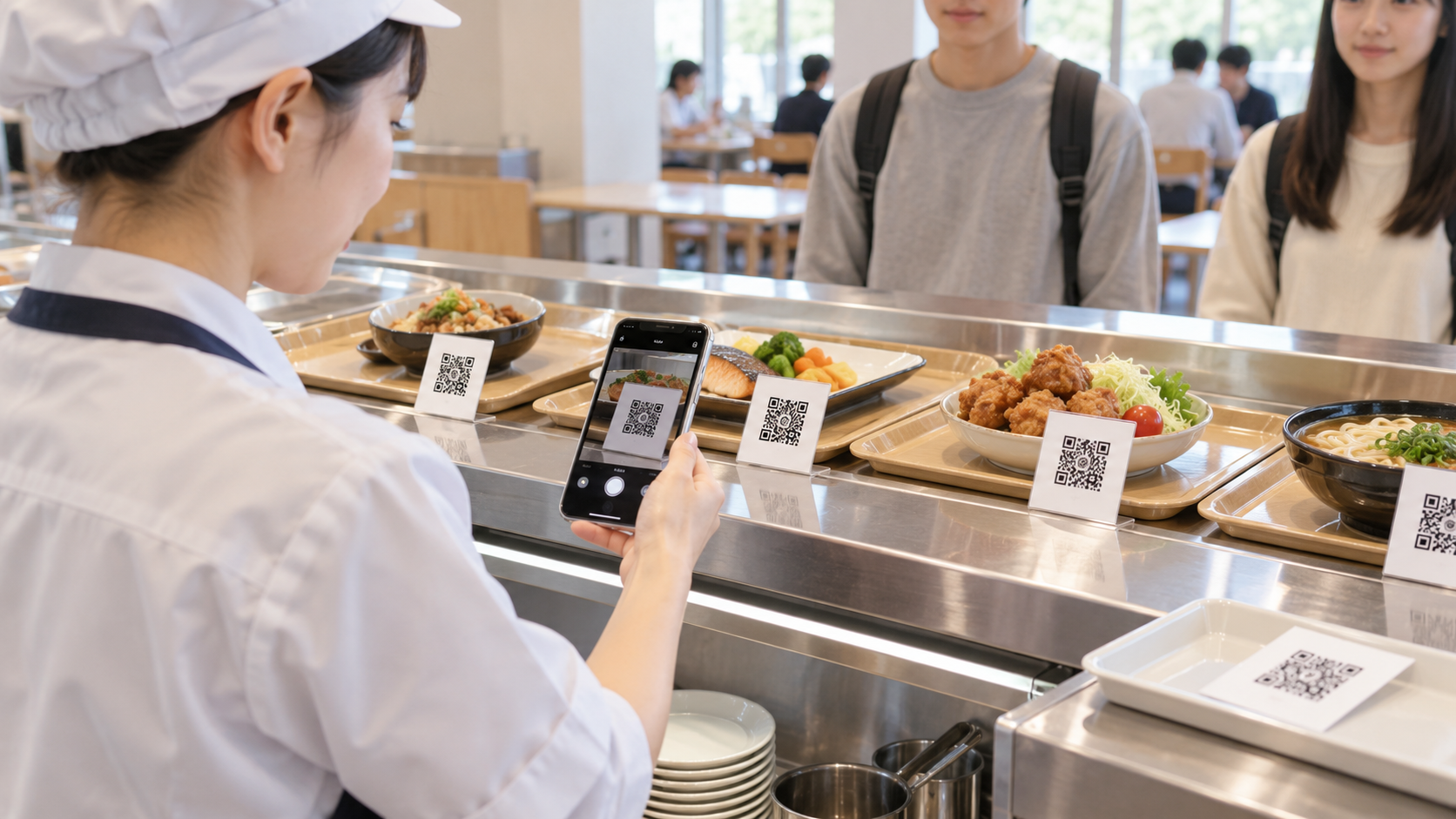 日本の学生寮の食堂で、食堂スタッフがスマートフォンを当日の料理に対応したQRコード付きメニュー札へ向けて読み取っている。配膳カウンターには異なる4種類の料理の見本、近くに寮生が提示した名刺サイズのQRカード。読み取り機器はスマートフォンのみ。自然な日中の写真品質、企業・学校ロゴ、氏名、読める文字なし、横長16対9。