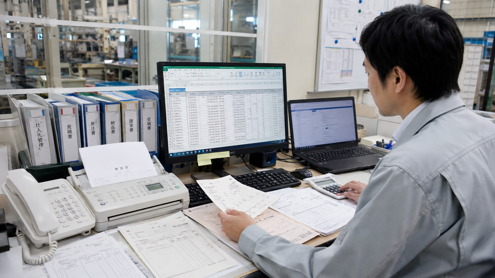 製造業の事務所で、電話注文、FAX注文、紙の納品書、Excelの発注台帳が混在し、経理担当者が仕入れデータを確認している写真品質のイメージ。