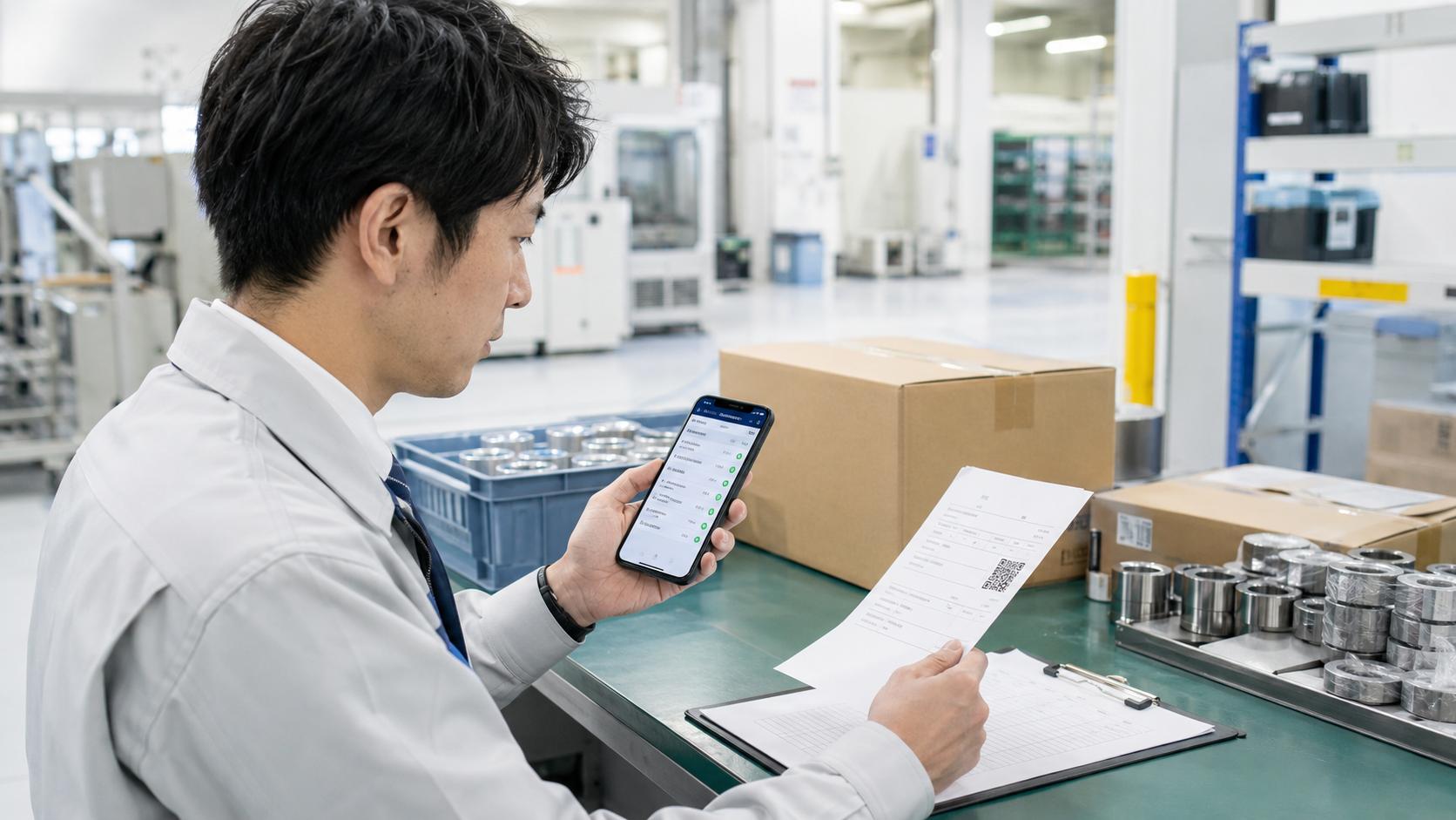 工場の受入エリアで、担当者が納品書に印刷されたQRコードをスマートフォンで読み取り、納品データを表示して検品チェックを行っている写真品質のイメージ。