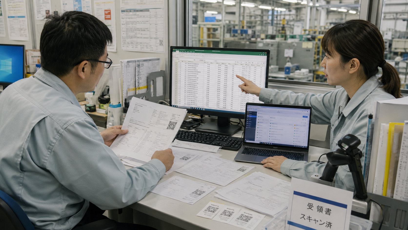 製造業の工場事務所で、紙の納品書、Excelの発注台帳、QRコード付き伝票、Webデータベースの管理画面を確認しながら仕入れ業務をペーパーレス化している写真品質のイメージ。