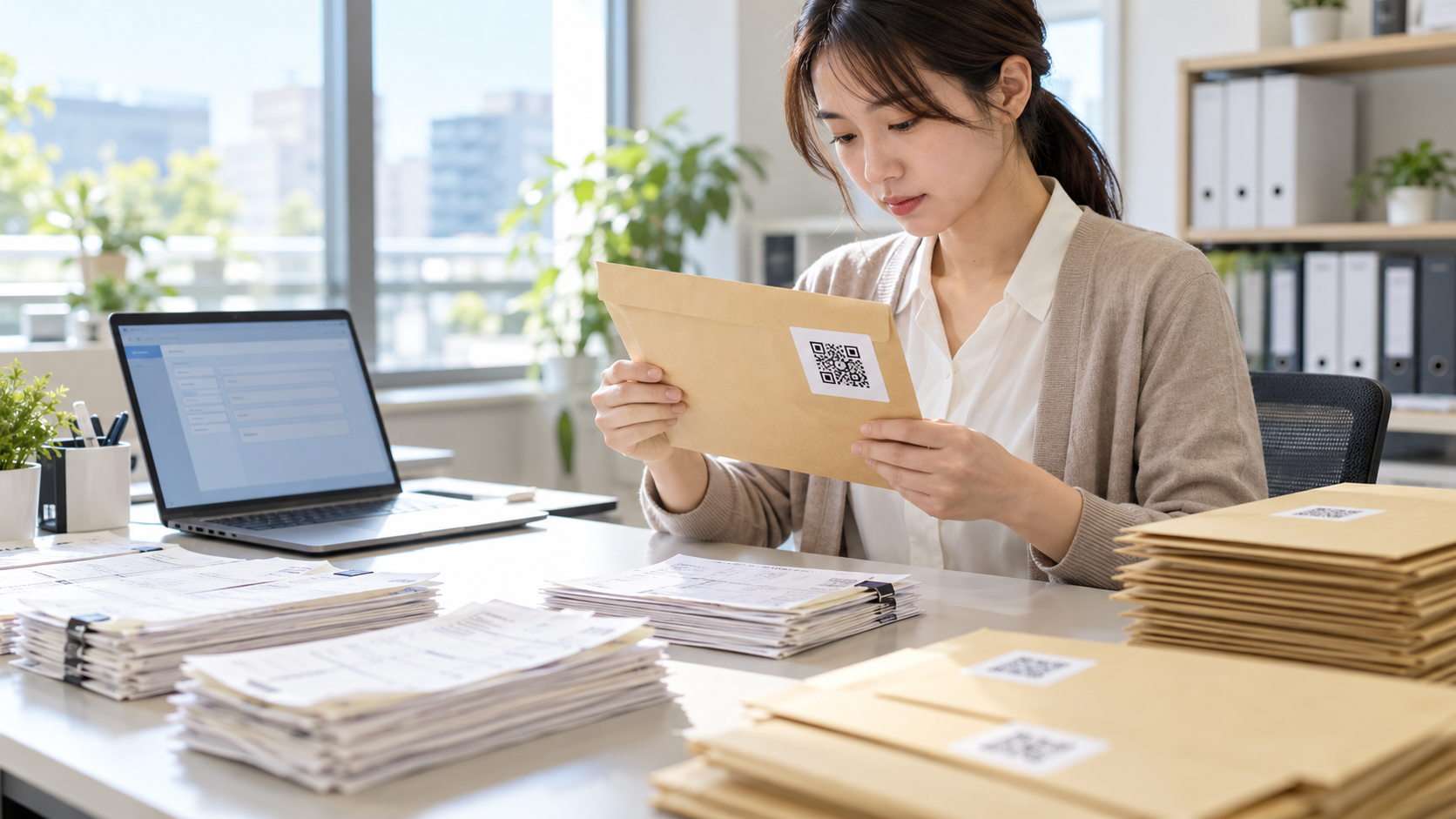 日本の税理士事務所で、担当者が領収書原本をまとめた封筒のQRコードを確認し、在宅委託スタッフへの発送準備をしている。机には複数の封筒と整えた領収書、ノートPC。封筒はQRコード模様のみ、領収書は文字や金額の読めない抽象的な紙。実在企業ロゴ、顧客名、住所、個人情報、読める文字なし、横長16対9の自然な写真品質。