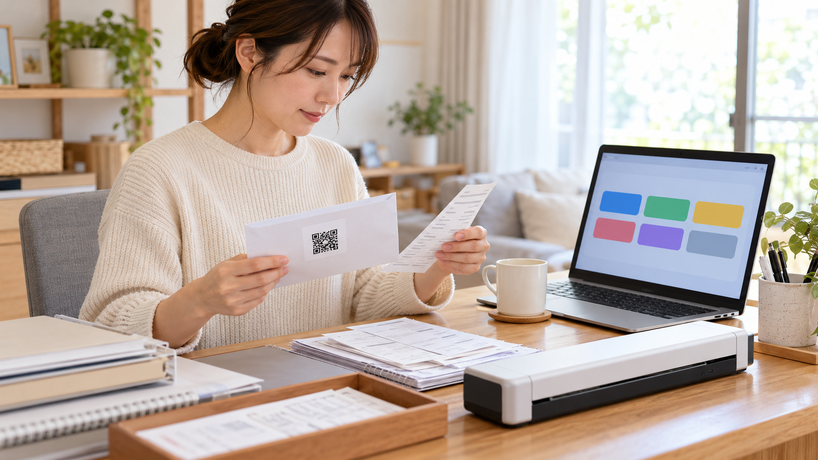 日本の在宅ワークの机で、委託スタッフがQRコード付き封筒と領収書原本を確認している。机には家庭用スキャナーとノートPC、整頓された書類。PC画面には進捗を登録する抽象的な色付きボタンのみ。機器の使用方法を特定せず、受領と作業準備の様子を自然に表現。実在企業ロゴ、氏名、住所、金額、読める文字なし、横長16対9の写真品質。