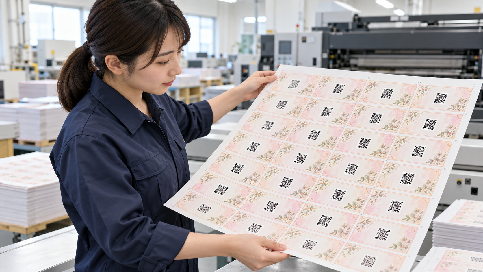 日本の印刷会社の作業台で、担当者が個別のQRコードを配置したサロン用紙クーポンの印刷シートを確認している。一枚のシートに上品な同一デザインの券が並び、それぞれ異なるQRコード模様。企業ロゴ、店名、金額、有効期限、読める文字なし、横長16対9の自然な写真品質。