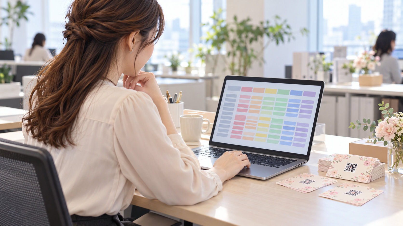 日本のサロン運営会社の本部で、担当者がノートPC上の店舗別クーポン使用枚数の一覧を確認している。画面には店舗と月別の使用実績を表す抽象的な色付きの列と行のみ。机には少量のQRコード付き紙クーポン。実在企業ロゴ、店名、氏名、金額、読める文字や数字なし、明るく落ち着いた横長16対9の写真品質。
