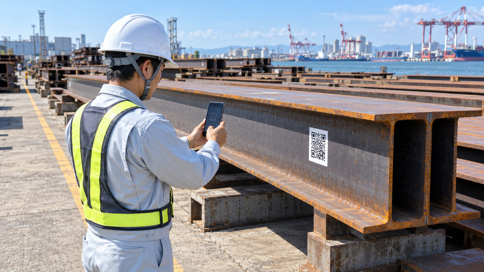 日本の港湾に隣接する広大な屋外資材ヤードで、ヘルメットと作業服を着用した作業員が、安全な通路から大型H鋼の側面に貼られた大きなQRコードシールをスマートフォンで読み取っている。背景に地上の支持台で保管された複数の大型H鋼と遠方の港湾設備。吊り荷や稼働中の重機の近くではない。実在企業ロゴ、社名、識別番号、読める文字なし、横長16対9の自然な写真品質。