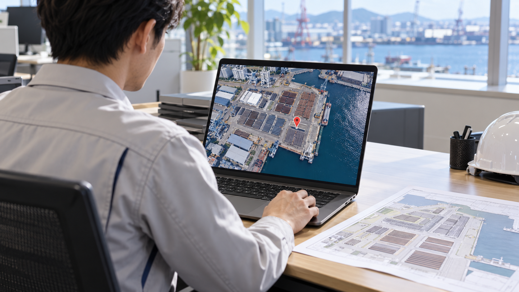 日本の鋼材製造会社の事務所で、担当者がノートPC上の地図のピンを確認している。画面は広い港湾資材ヤードを思わせる抽象的な航空地図と一つの位置ピン。机には文字のないヤード区画図。実在企業名、地図サービスのロゴ、座標の数値、読める文字、個人情報なし、横長16対9の写真品質。