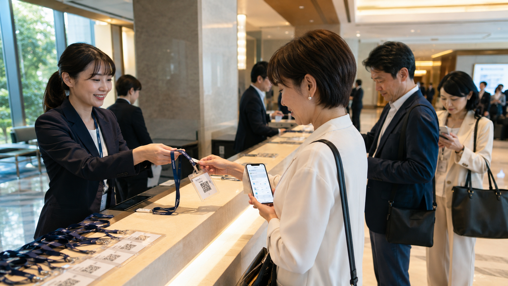 海外招待旅行の受付カウンターで、参加者がQRコード付きネームストラップを受け取り、スマートフォンで自分の案内情報を確認している写真品質のイメージ。