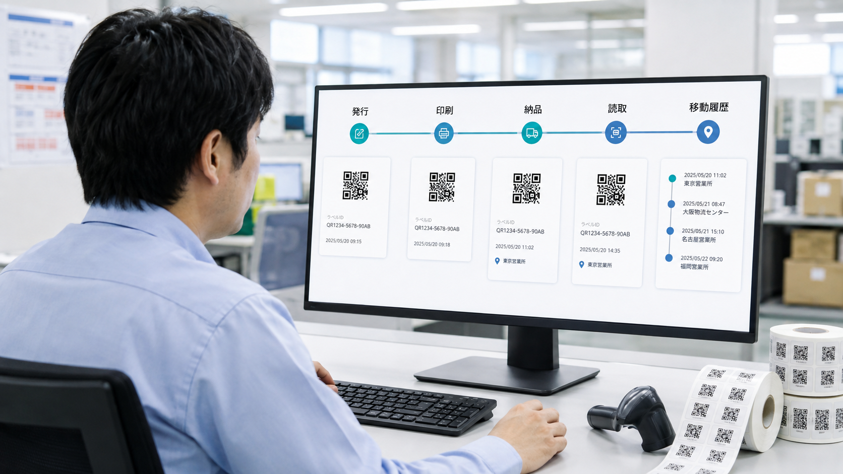 管理者がPC画面で、QRコードラベルの発行、印刷、納品、読み取り、個体の移動履歴を確認している法人向けイメージ。